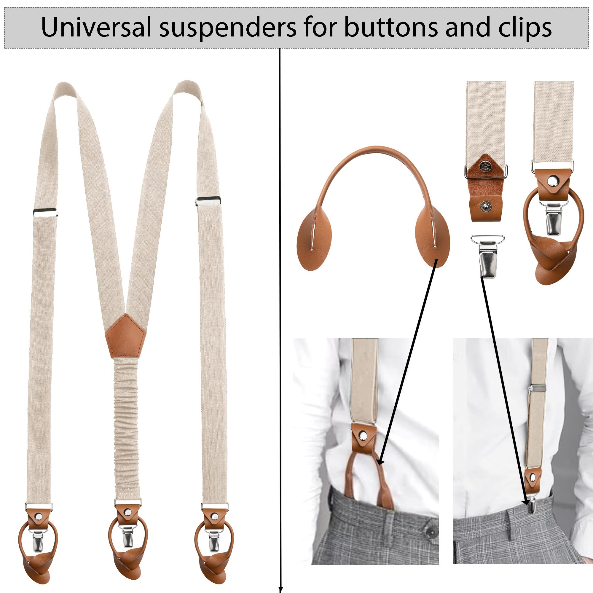 Leinen Fliege, Hosenträger, Einstecktuch für Herren, Voll Einstellbar, Viele Farben (Nr.15 Beige, d) Fliege und Hosenträger