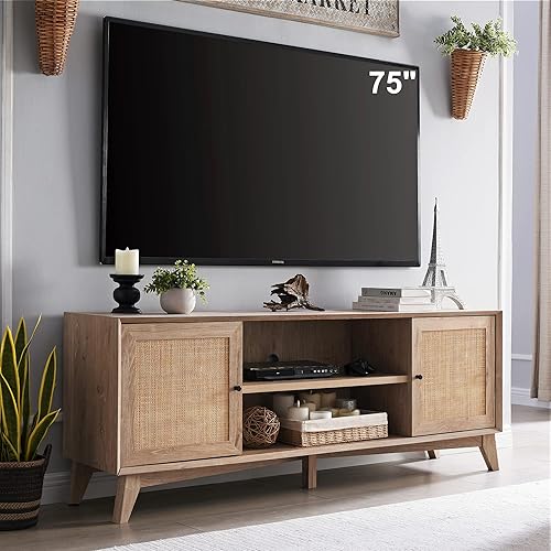 OKD Soporte de TV para TV de más de 75 pulgadas centro de entretenimiento moderno de mediados de siglo con puerta de ratán natural estantes de