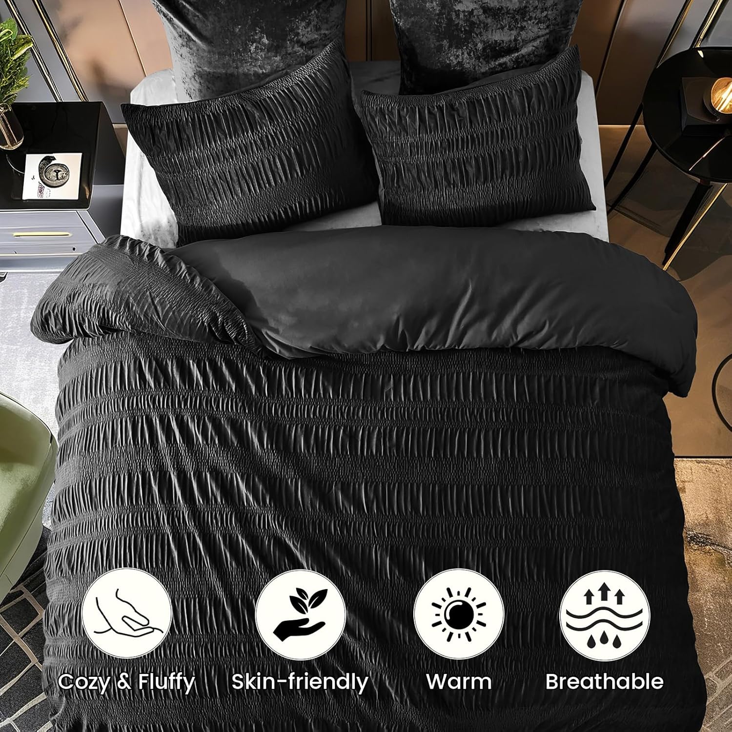 PHF Luxury Velvet Comforter Set Queen Size, 3 Pieces Ultra Soft Seersucker Ruched Bedding, Fluffy Textured Breathable Sherpa Fleece Bed Set with 1 Comforter, 2 Pillow Shams, 90"x90", Black