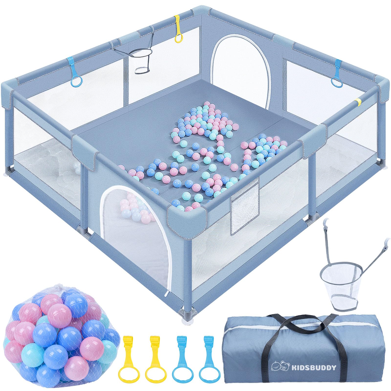 Verdego Parc Bebe 150x180x66cm, Parc Enfant avec 50 Boules de Fosse, 4 Anneaux de Traction, Mini Vannerie, Tissu 210D Oxford et Acier Inoxydable, Espace de Jeu Sécurisé pour Enfants (gris clair)