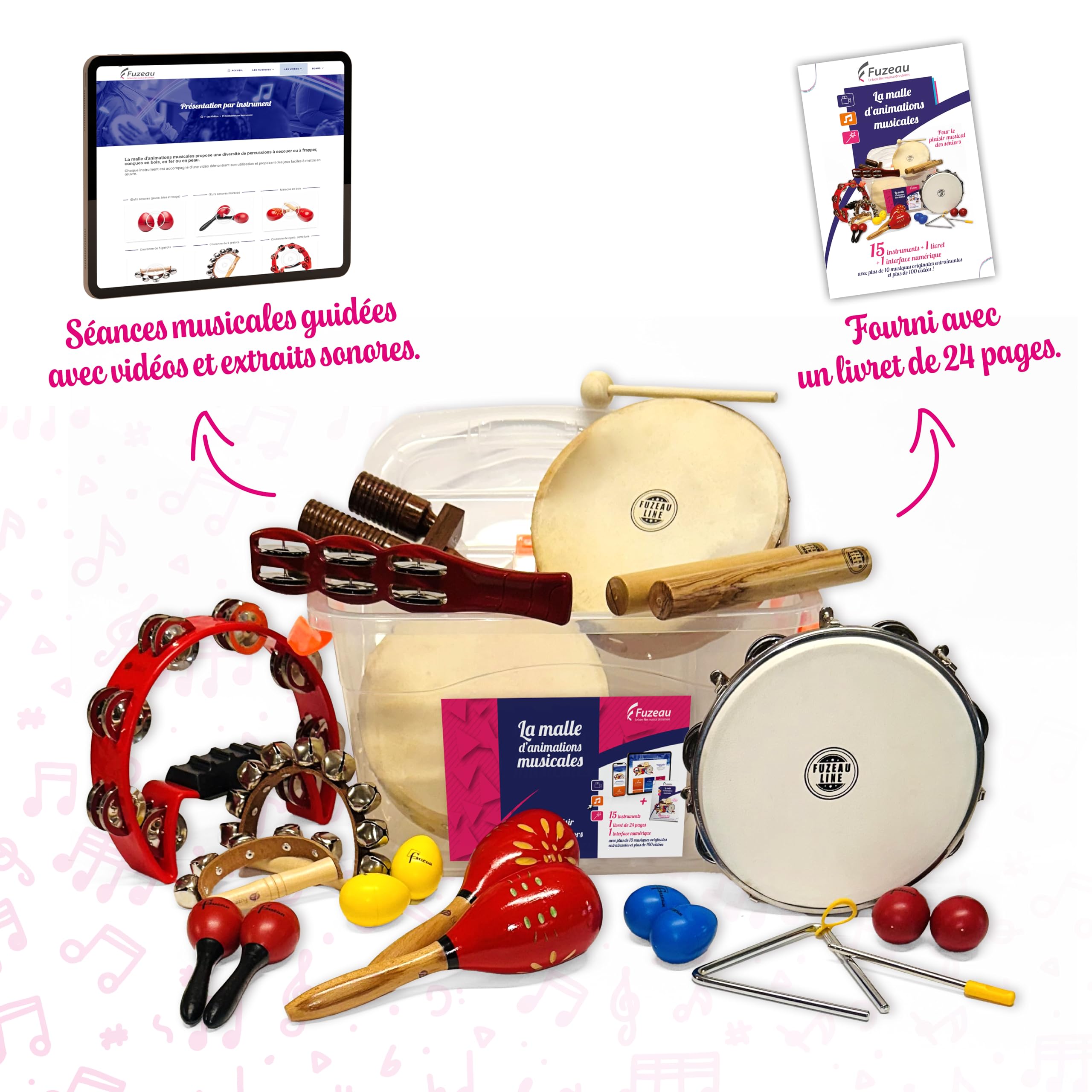 Fuzeau - Kit d’Animations Musicales - 15 Instruments Musique Variés - Livret Pédagogique + Interface Numérique - Idéal pour Ateliers Mémoire et Sensoriels avec les Personnes Âgées - Réf.78472