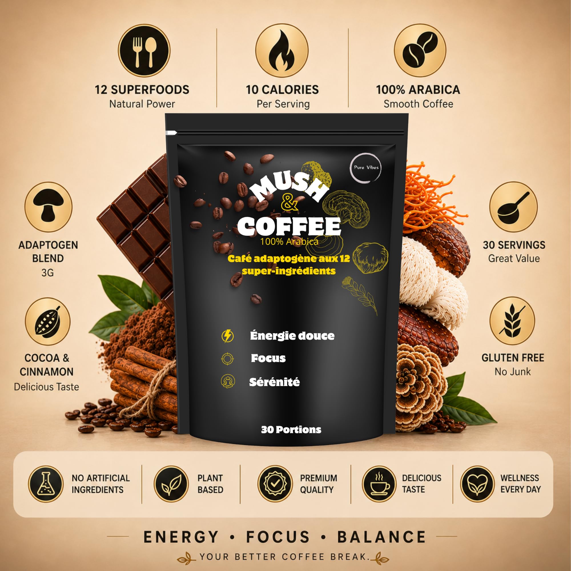 Alternative au Café – Substitut de Café Instantané Reishi & Lion’s Mane – PureVibes Mush & Coffee – Énergie Stable & Concentration – Vegan Sans Sucre – 15 Portions (30, Tasses)