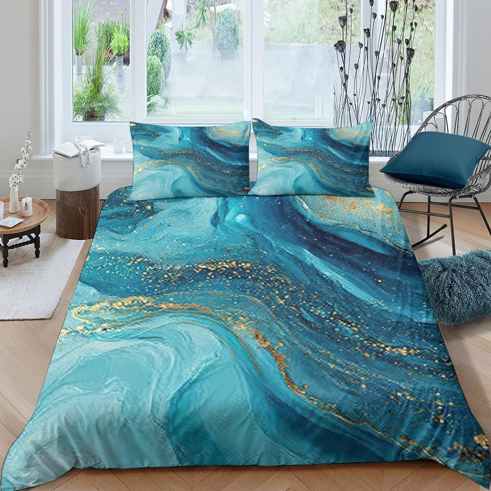 Ctjqhvkz Style-4 3D Printed Ocean Marble Fitted Sheet Microfiber Soft Blue Gold Swirl Mattress Cover Bedroom Home Decor Single（135X200cm）