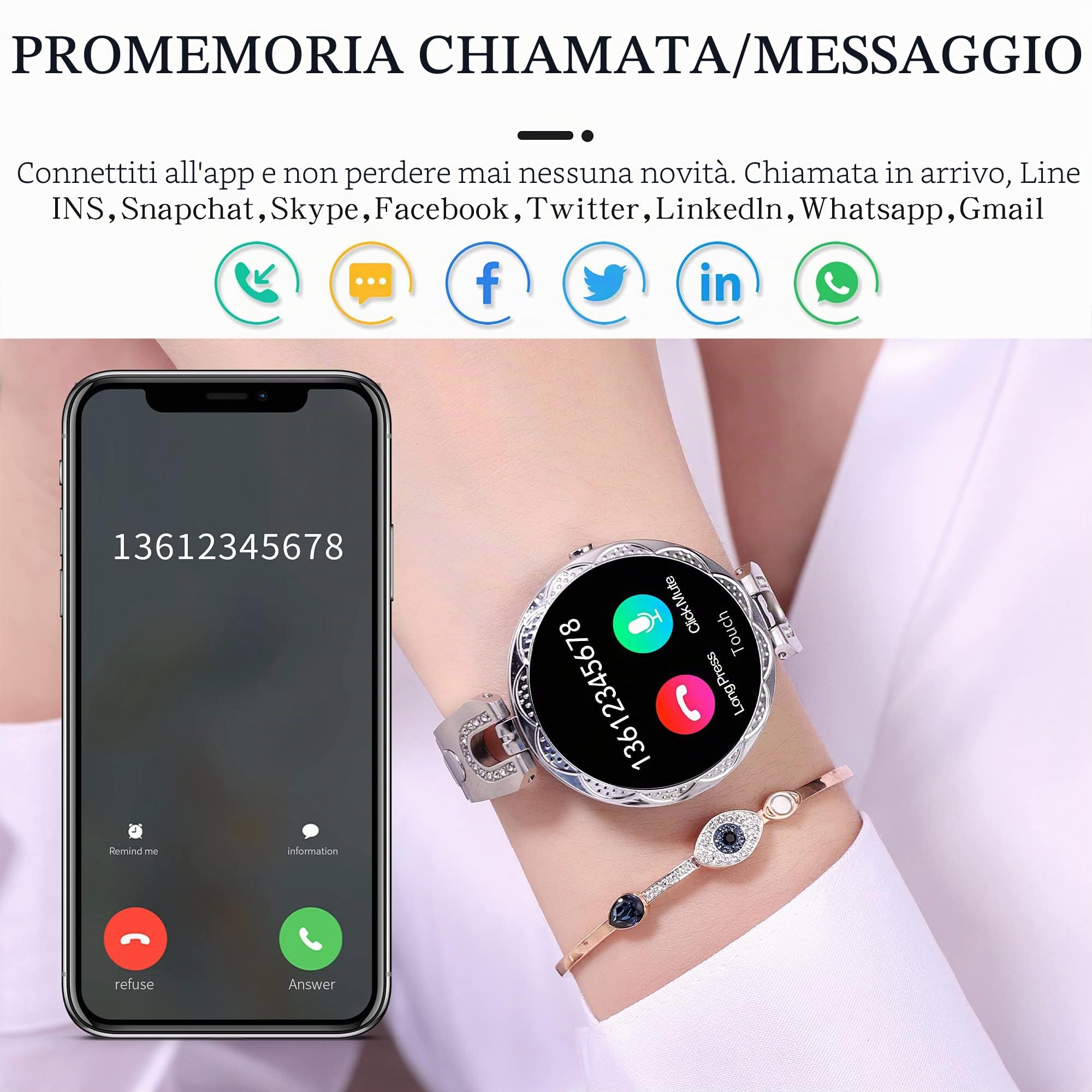 findtime Smartwatch Connesso per Donna in Acciaio Impermeabile con Monitor della Frequenza Cardiaca e Fitness per Android e iOS IP68