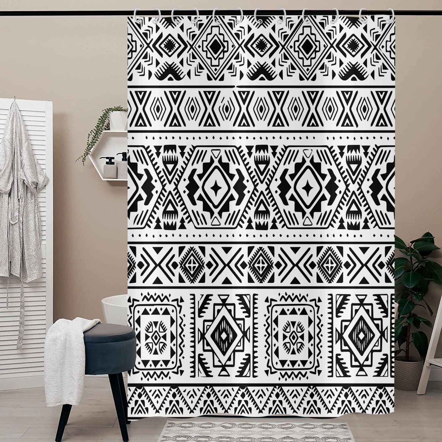 Hnmdmyi Boho Shower Curtain 240x180, Black and White Shower Curtains Farmhouse Geometric Tribal Bohemain Bathroom Curtains with Hooks Waterproof Polyester Fabric Washable Bath Curtains for Wet Room