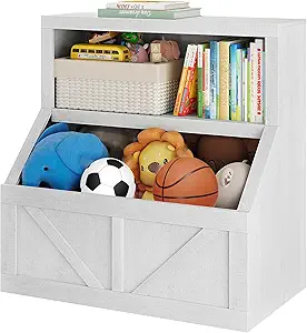 GarveeHome Kids Bookshelf and Toy Storage, 2 Tier Toy Organizer with Storage Cabinet, Toddler 2 Shelf Bookcase for Playroom, Bedroom, Living Room, Classroom, Vintage White