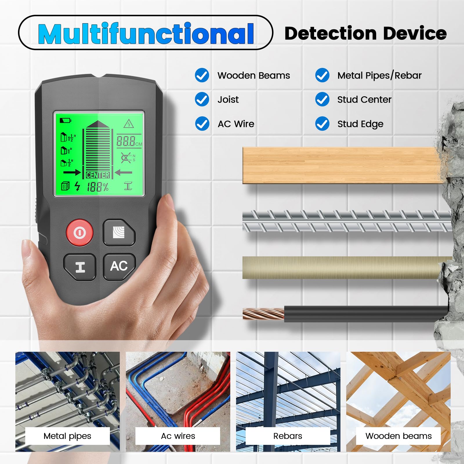 Leitungssucher Ortungsgerät, 5 in 1 Multifunktions Wand Scanner Detektor Stud Finder, Leitungssuchgerät mit HD-LCD-Display & Audio-Alarm für Metall, Rohre, Holz, Stromleitung und Balken