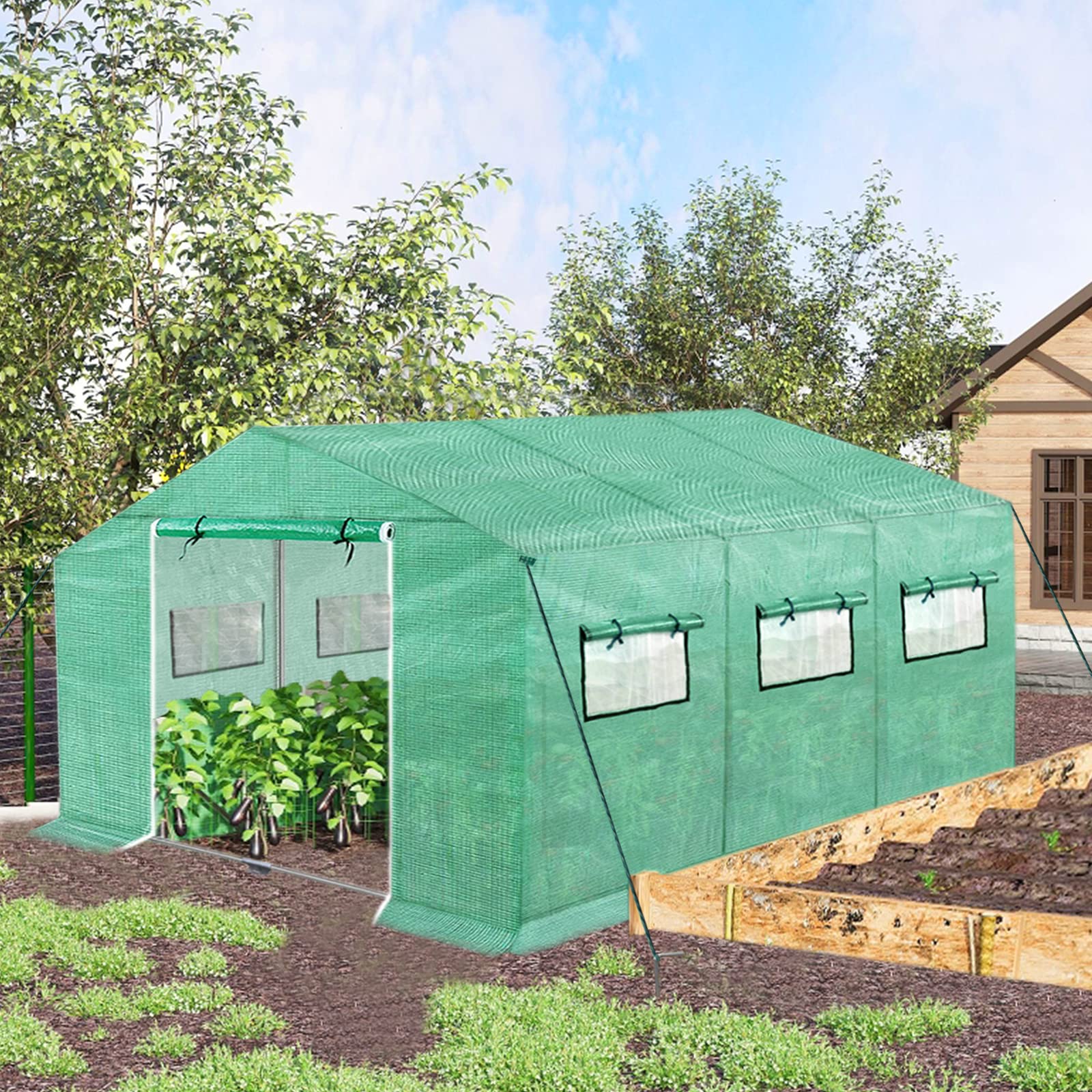 NAIZY Greenhouse szklarnia 4,5 x 2 x 2 m, 9㎡, szklarnia foliowa HDPE + LDPE + ocynkowana rura, z oknem, szklarnia na pomidory, odporna na działanie promieni UV, namiot foliowy do ogrodu, na rośliny, zielona