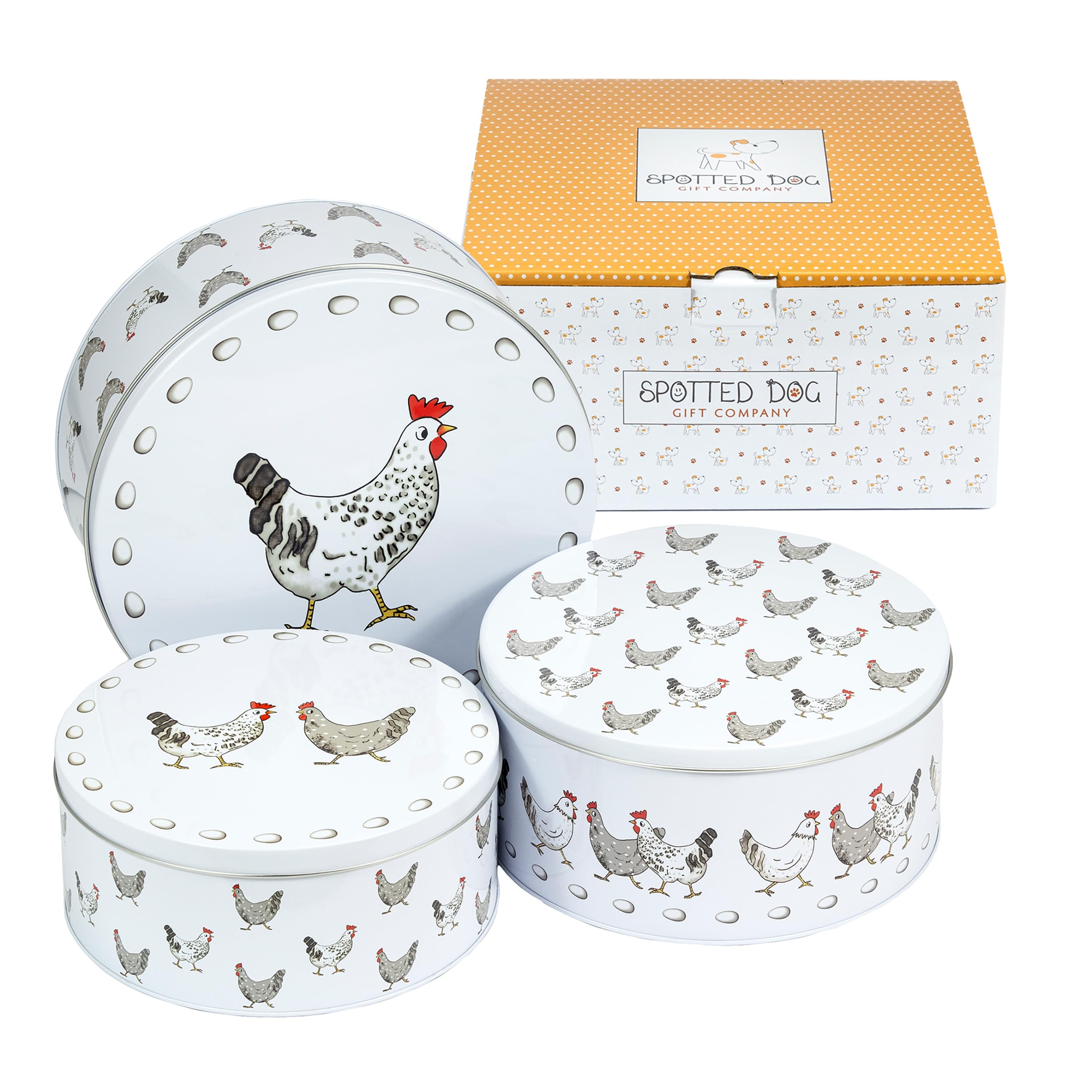 SPOTTED DOG GIFT COMPANY Puszki do przechowywania ciast, zestaw 3 okrągłych puszek na ciasto, do przechowywania ciast, ciastek i słodyczy, pojemniki o tematyce kurczaka z hermetycznymi pokrywkami
