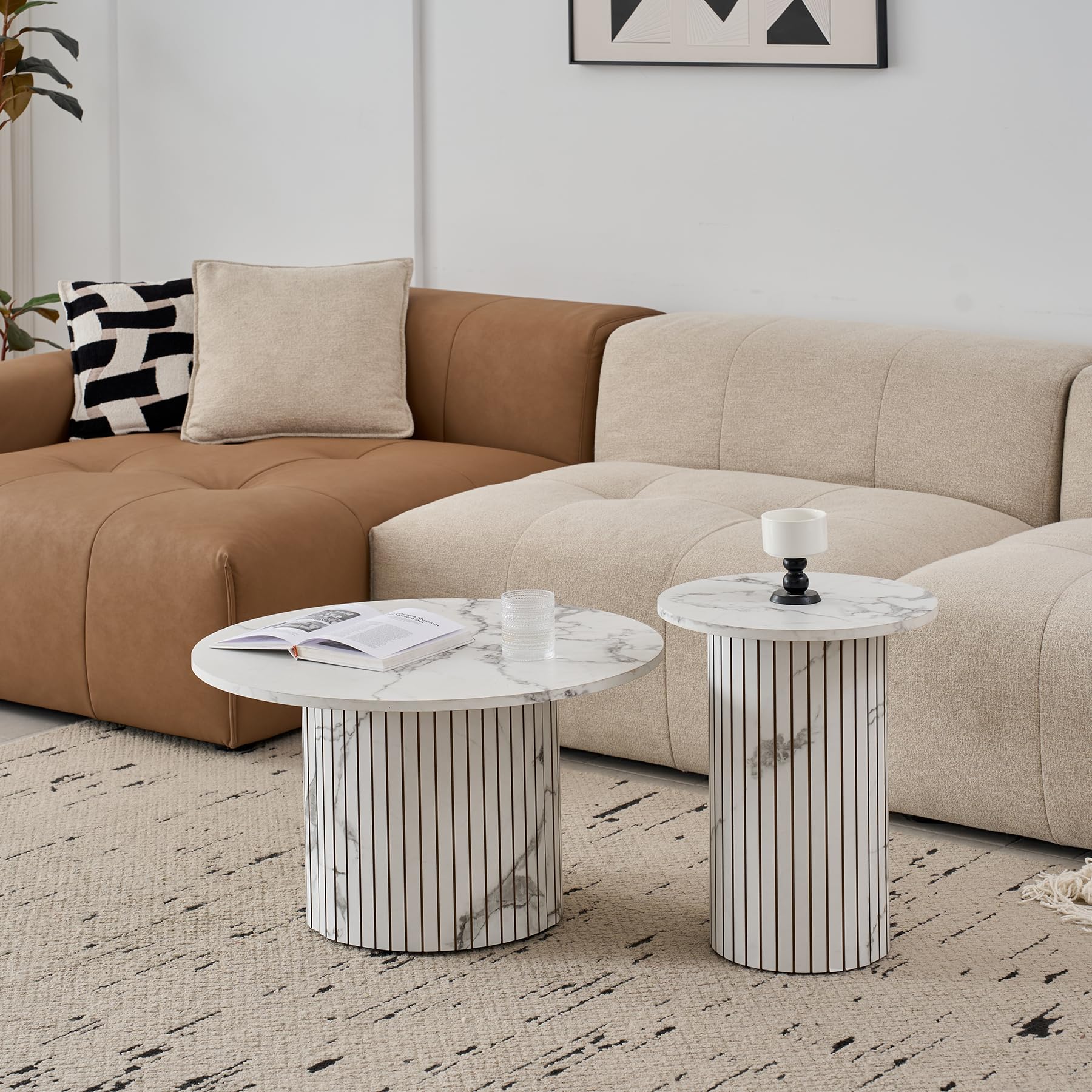 Ensemble de 2 Tables Basses Rondes Gigognes, Table Basse Moderne à Tambour Cannelé pour Salon, Chambre, Balcon et Bureau (Blanc (Grain de marbre))