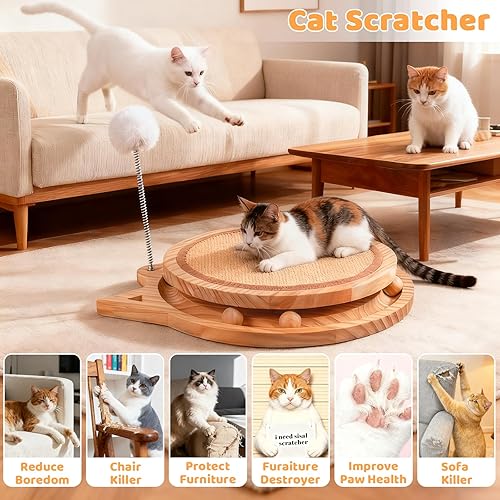 Miniatura 7 de Rascador de sisal para gatos con pista de bolas y resorte de juguete 3 en 1 interactivo de madera para gatos y gatitos de interior