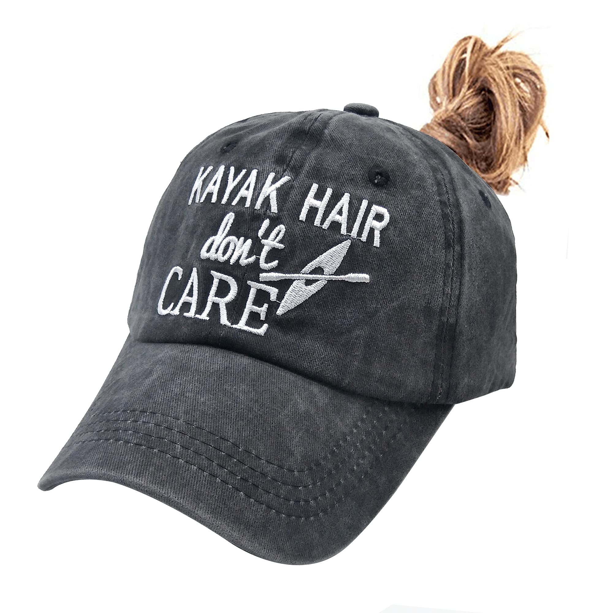 Waldeal Women's Kayak Hair Don't Care Embroidered Ponytail Dad Hat, Adjustable Dad Hat Washed Baseball Cap
