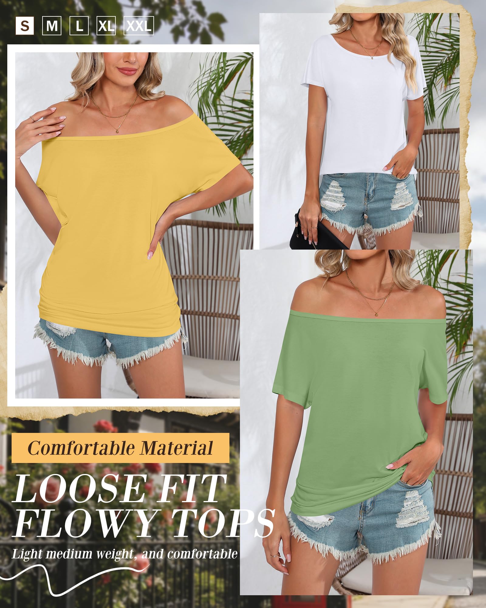 Riyiper Damen Dreiteiler-Set: Schulterfreies Top, locker sitzendes Kurzarm-Sommer-T-Shirt und figurbetontes Sporttop