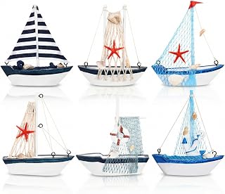 6 Stück Segelboot Modell Boot Deko Miniatur Holz Schiff Dekoration mit Fischernetz und Muscheln für Badezimmer Wohnzimmer Tischdeko Küste Strand Design Maritimes Ergänzungs Set Blau Weiß 13cm