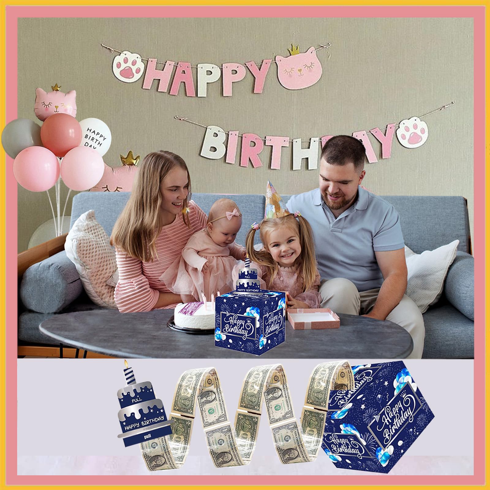 Birthday Box for Cash Gift, Money Roll Gift for Cake Pull Out Kit with Cards Money as Money Bouquet, Surprise Birthday Money Pull Box Explosion for All Age Group with Instruction Book (Deep bule)
