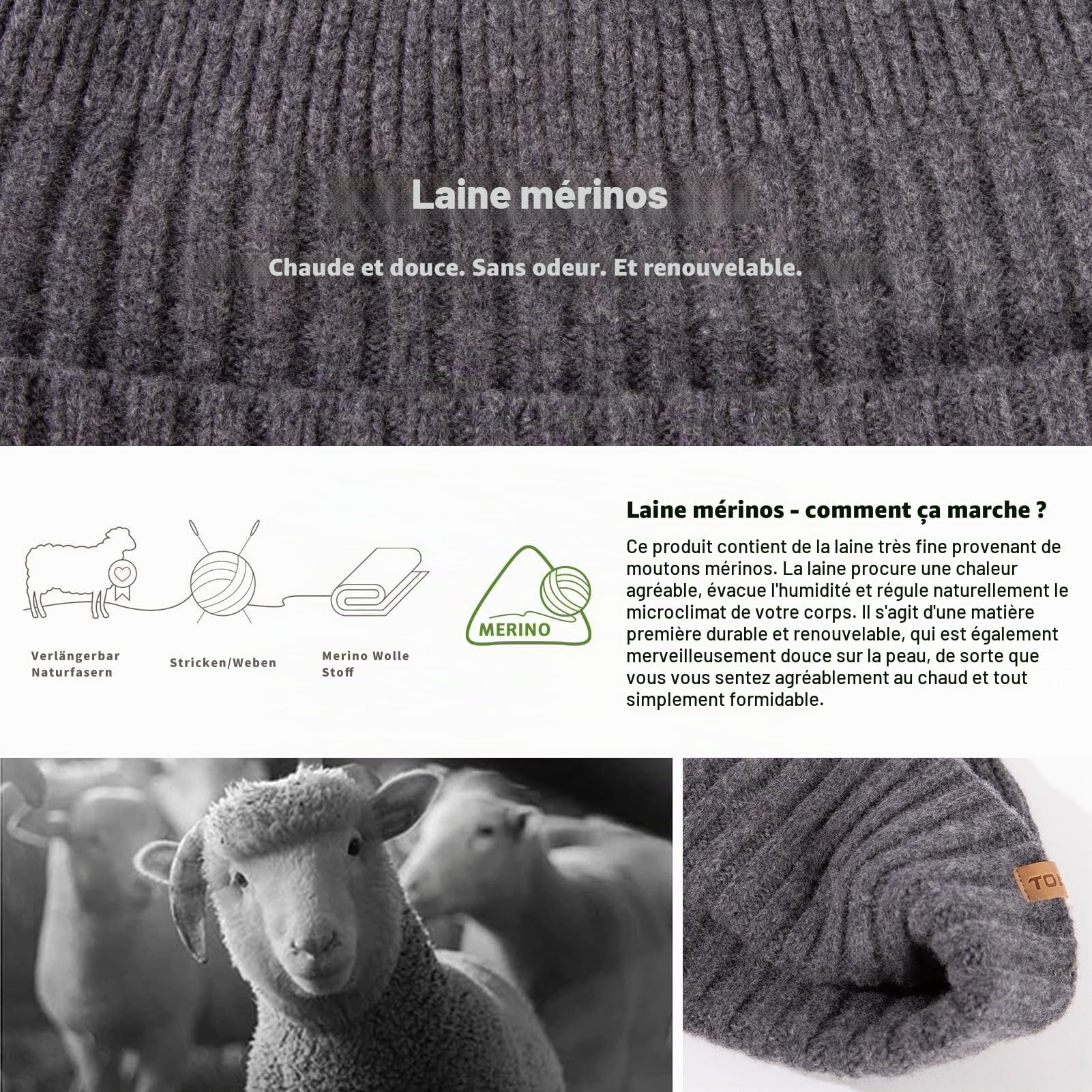 TOP-EX XL/XXL - 100 % laine mérinos - Bonnet de pêcheur - Pour homme et femme