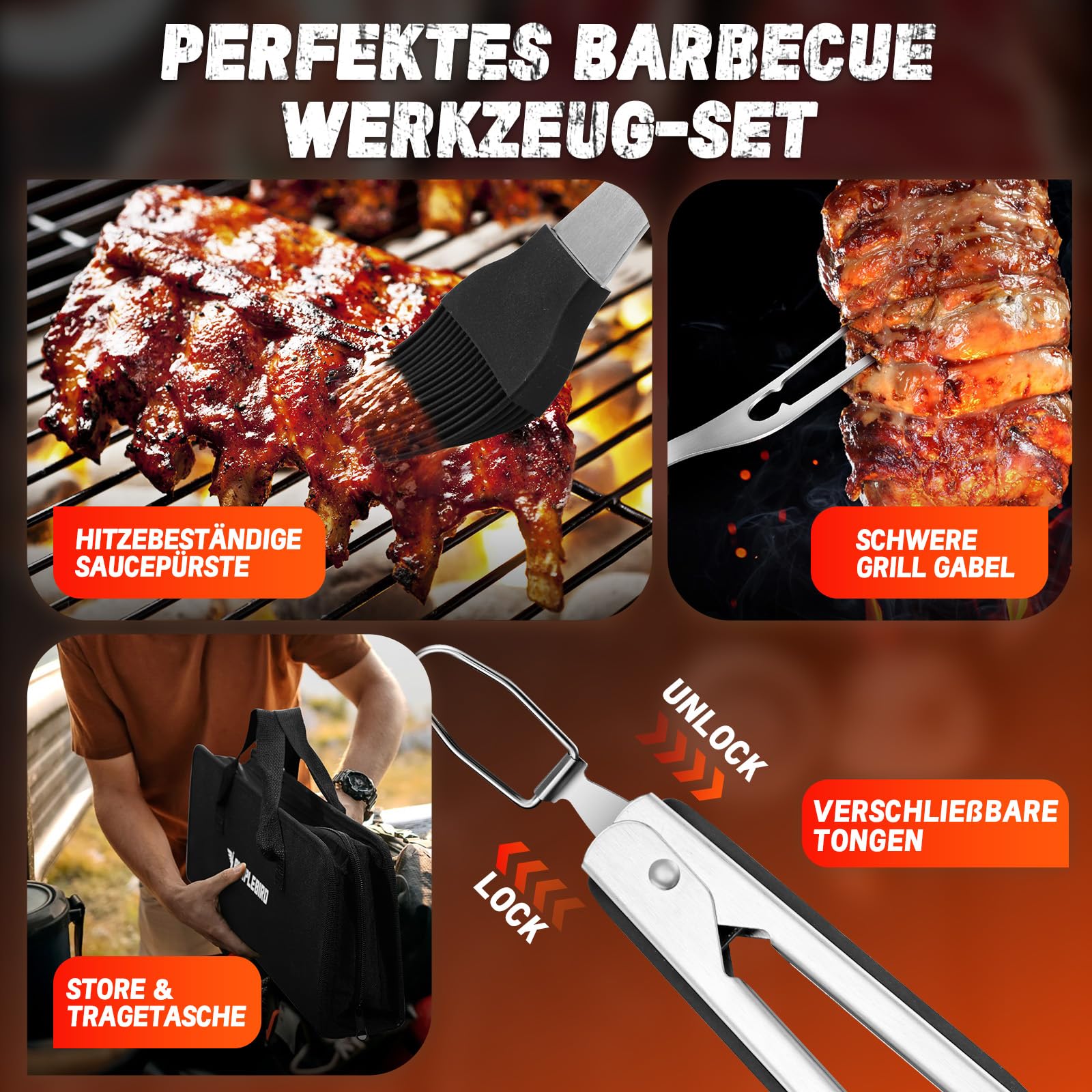 PURPLEBIRD Set Accesorios Barbacoa Acero Inoxidable 6 Piezas | Set esencial para barbacoa con herramientas resistentes para cocinar al aire libre.