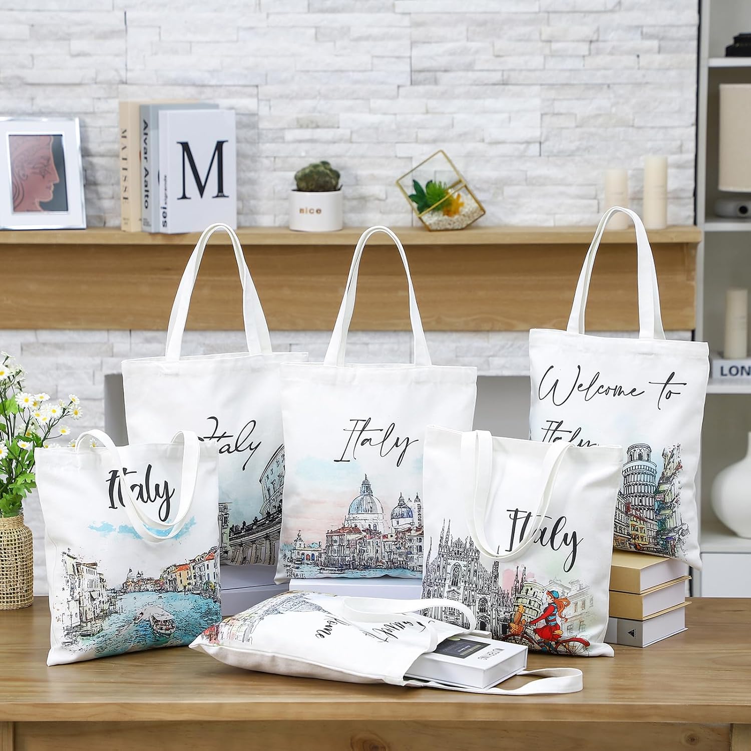 Paterr 6 Pcs Italy Canvas Tote Bags Watercolor New York Travel Souvenir Art Design Gifts Grocery Shopping Beach Bag for Travelers Women Men - Image 3