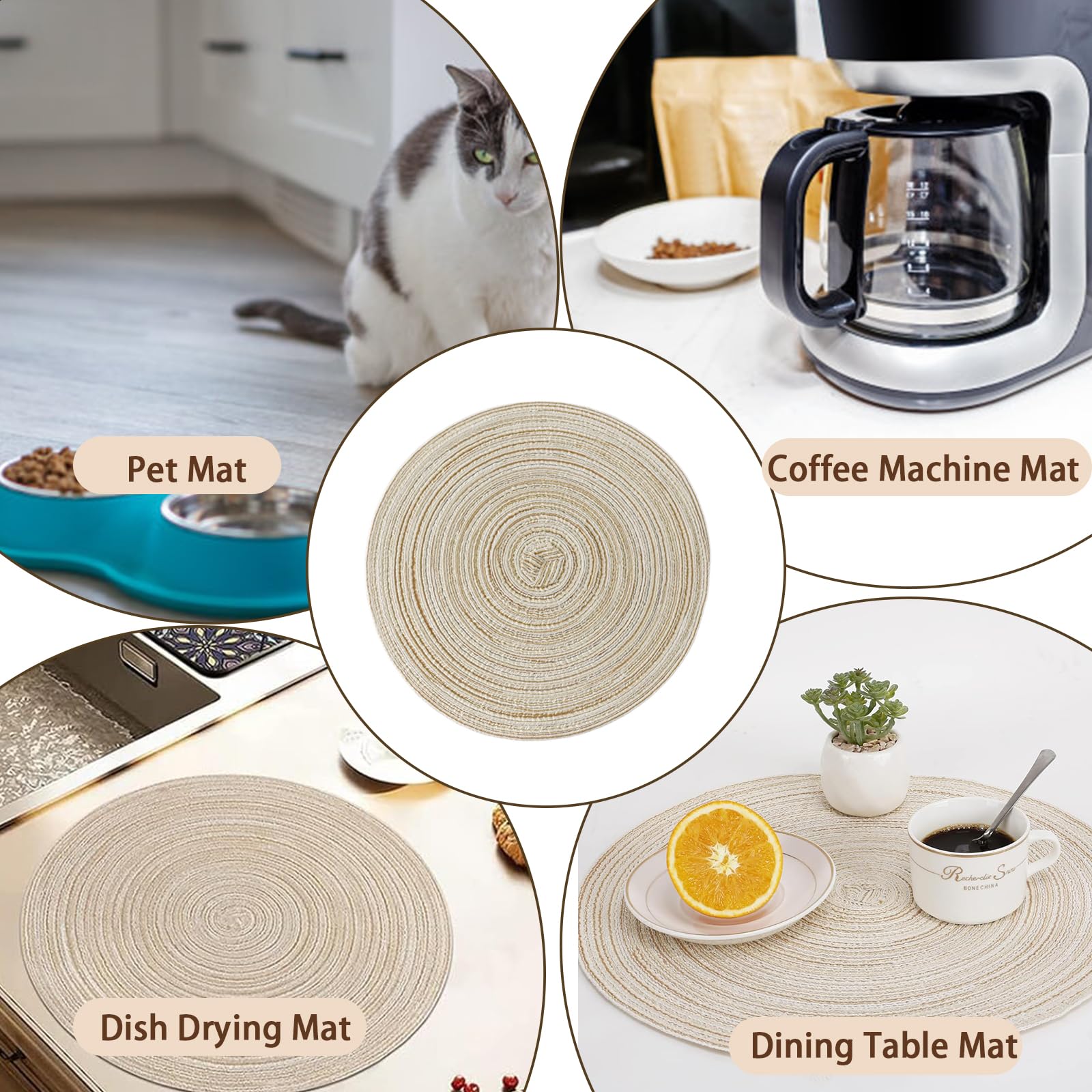Juego de 8 Manteles Individuales Redondos Lavables 38 cm Trenzado, Antideslizante Salvamanteles Mantel Individual Redondo Beige, Place Mats for Dining Table, para la Mesa de Cocinaa，Lavables Trenzados — view 7