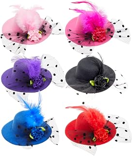 Juvale Mini Tea Party Fascinator Hats for Women & Girls - Clip-On Feather Flower Accents, 6 Pack Multicolor 4 Inch