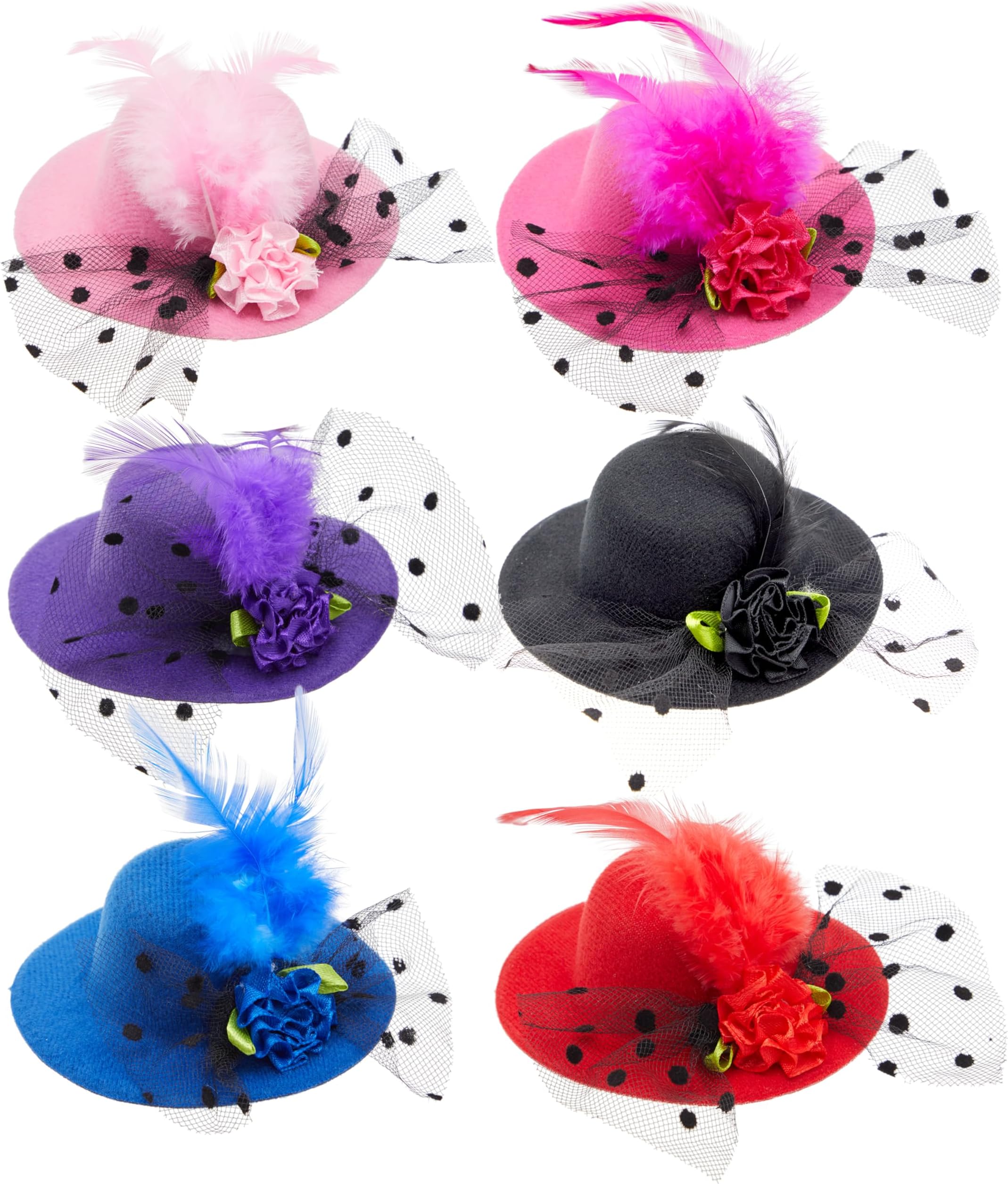 Juvale Mini Tea Party Hats - Clip-On Fascinator Hats for Women & Girls - Feather & Flower Accents for Tea Party Decorations - Pack of 6, 4 in, Multicolor