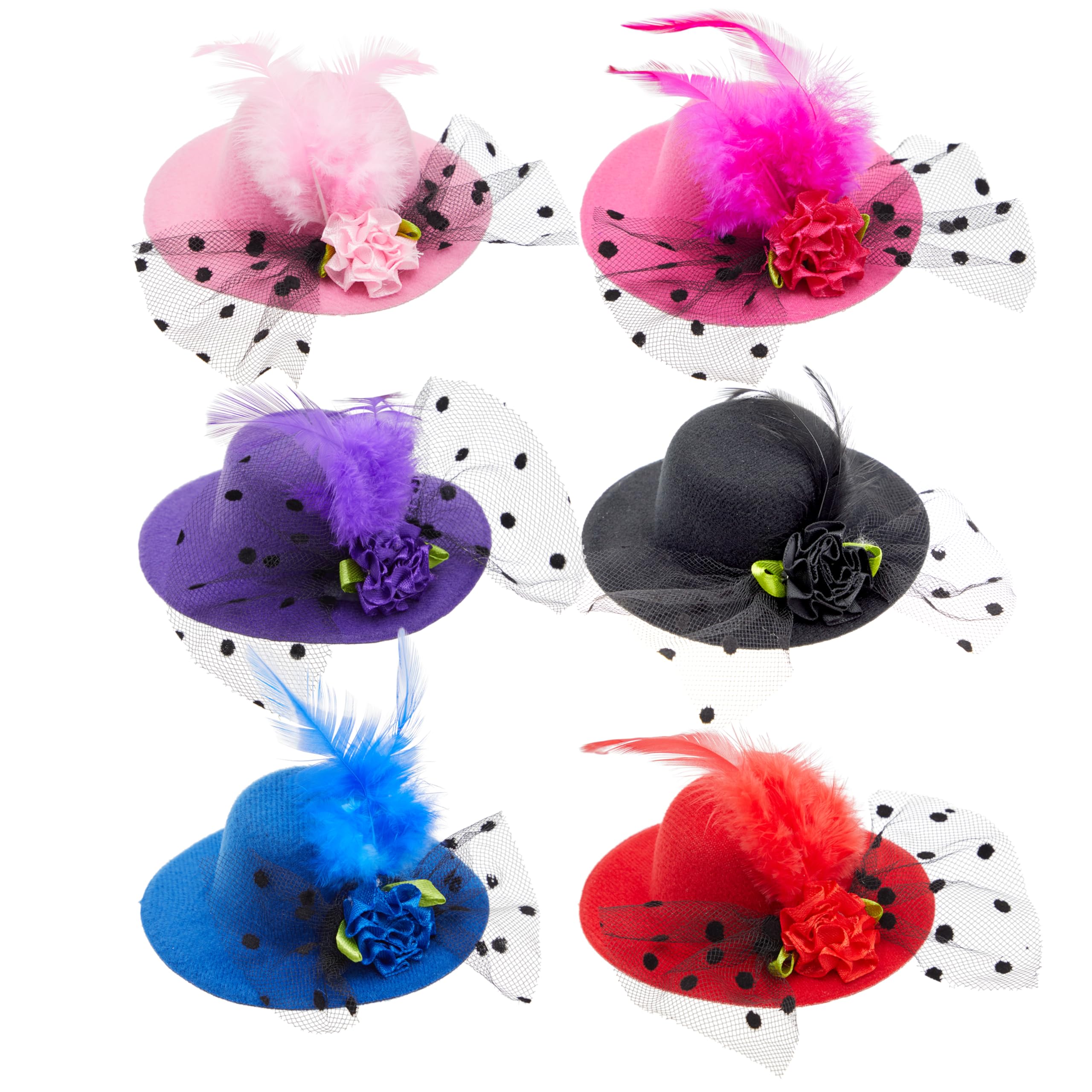 Juvale Mini Tea Party Hats - Clip-On Fascinator Hats for Women & Girls - Feather & Flower Accents for Tea Party Decorations - Pack of 6, 4 in, Multicolor