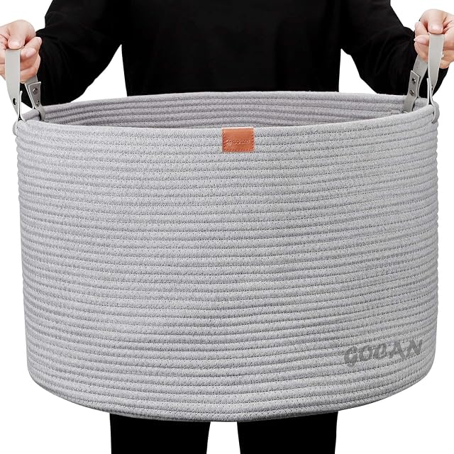 GOCAN XXXL Storage Basket Large Basket Cotton Rope Laundry Basket Laundry Basket for Blankets Cushions in Living Room Clothing Toys in Children's Room Pure Grey D55 x H35 cm