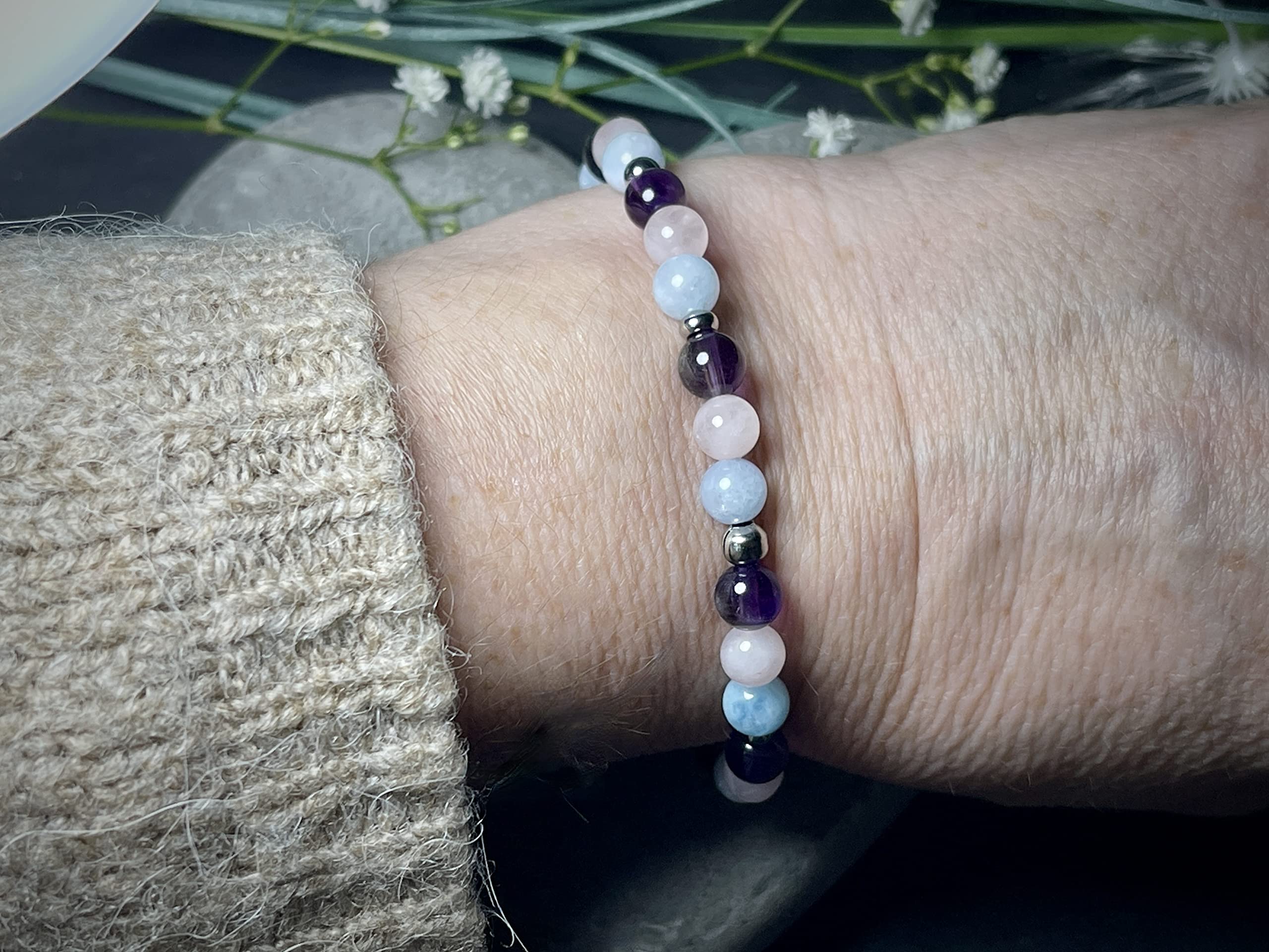 Armband Mix Amethyst Aquamarin Rosenquarz Edelstahlperlen - Perlenarmband Damen Kinder - echte Edelsteine - Handmade Personalisierbar