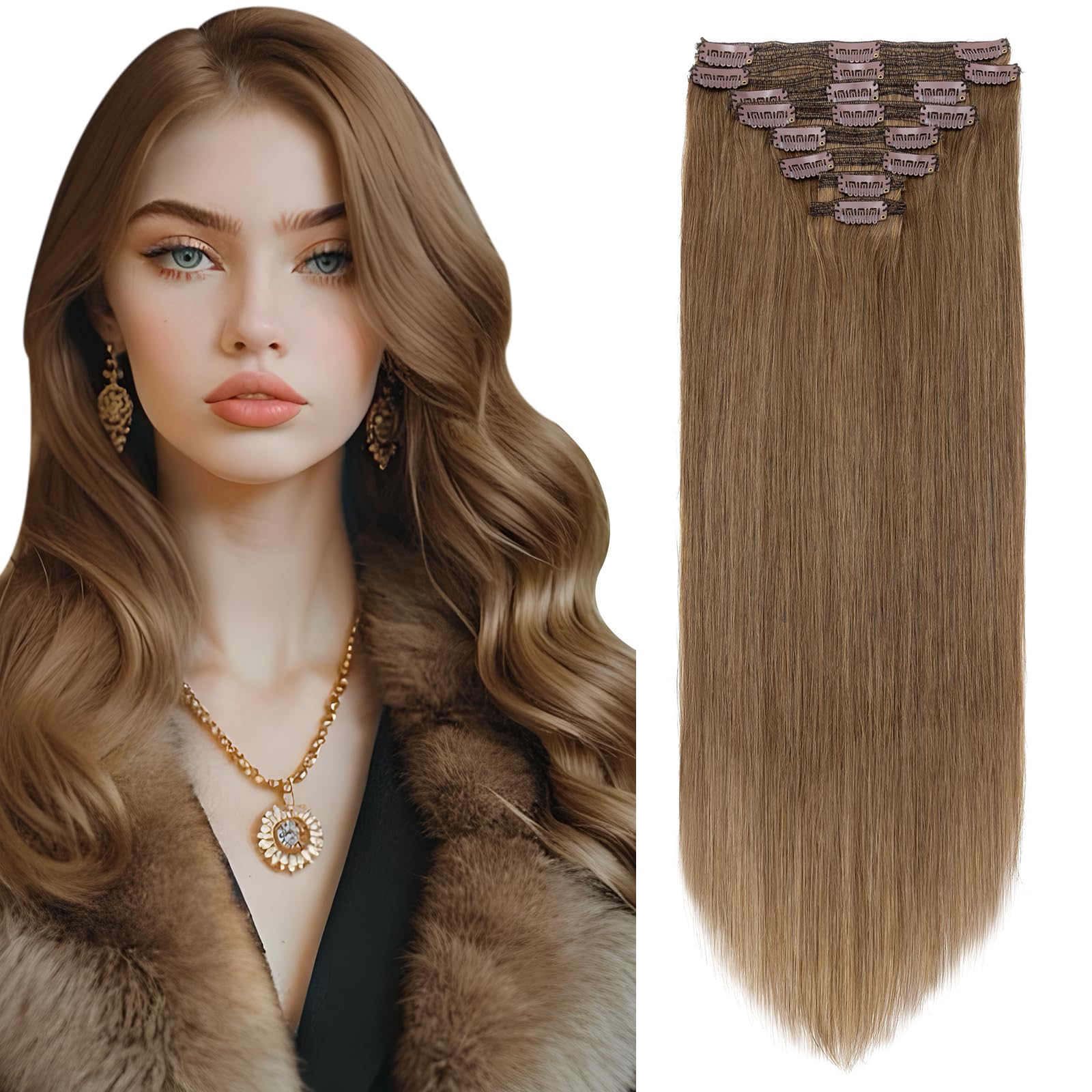 Elailite Double Weft Clip in Hair Extensions Real Human Hair Thick Remy Natural Hair, 8 Pieces Full Head Straight