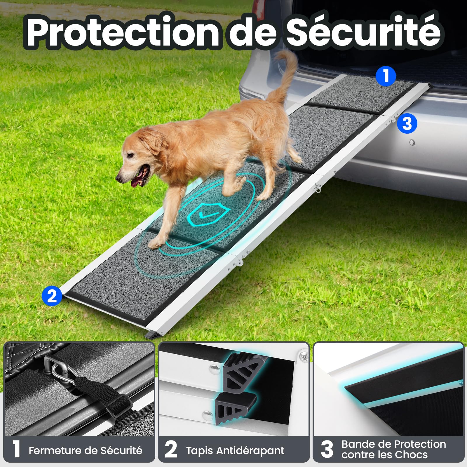 Rampe de Voiture Pliable pour Chien 170 x 44cm, Rampe Portable d'Accès Chien avec Surface Antidérapante, Cadre en Aluminium, Dog Ramp pour Camion Lit Voiture SUV, Légère et Facile à Ranger