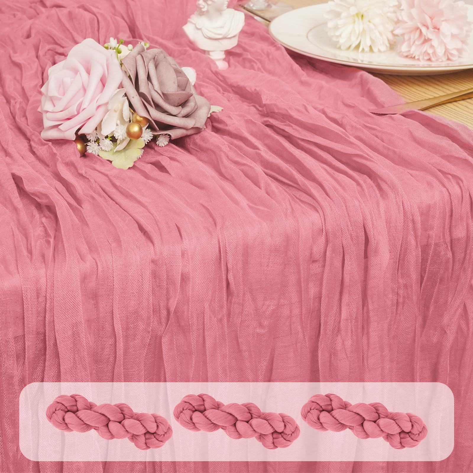 3 Pack Dusty Rose Cheesecloth Table Runner, 45 x 275 cm Dusty Rose Boho Rustic Gauze Cheese Cloth Table Runner Romantic Sheer Fabric Cheese Cloth Table Runner for Wedding Party Garden Farmhouse