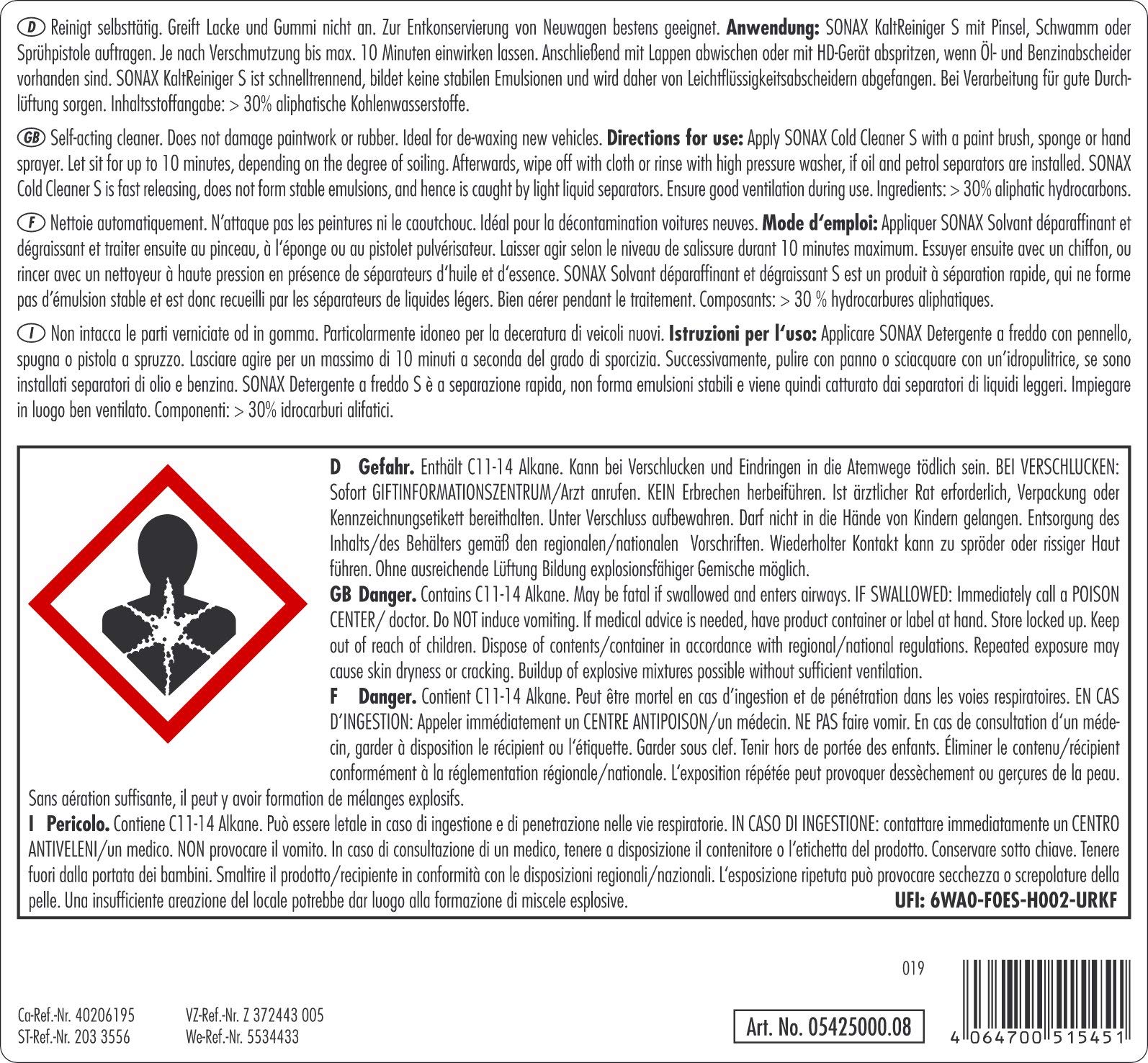SONAX Detergente a freddo (5 L) per macchinari, componenti, motori e utensili. Rimuove olio, grasso e catrame, ideale per decerazione veicoli nuovi e impianti di lavaggio | Art. N. 05425000