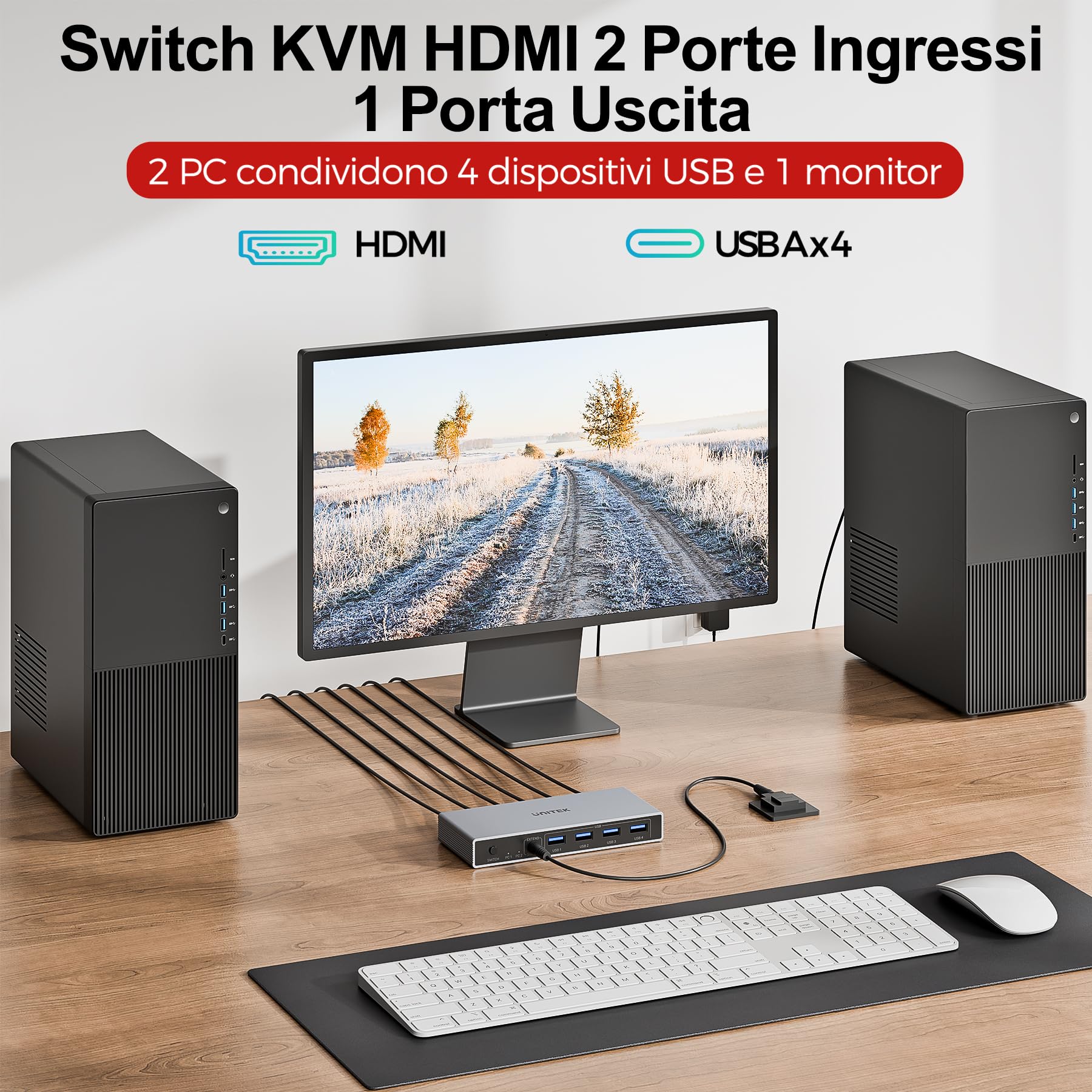 Unitek Switch KVM HDMI USB 3.0 1 monitor 2 computer 4K@60Hz Switch KVM 4 porte USB per 2 computer che condividono monitor tastiera mouse dischi rigidi 5Gbps 2 cavi Adattatore DC5V e controller desktop