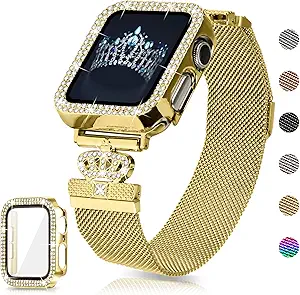 Magnetic Band Compatible with Apple Watch 38mm 40mm 41mm 42mm 44mm 45mm 46mm Stainless Steel Metal Strap with Bling Case and Built-in Screen Protector, Dressy Milanese Loop iWatch Bands for Women