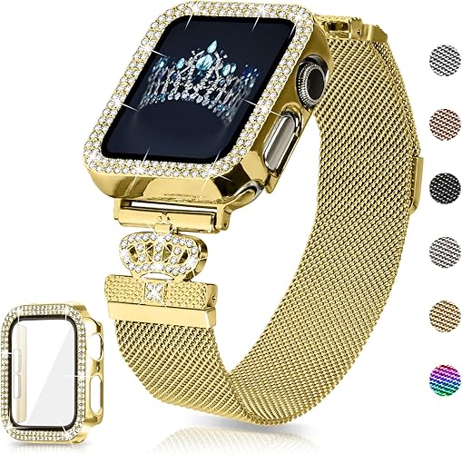 Magnetic Band Compatible with Apple Watch 38mm 40mm 41mm 42mm 44mm 45mm 46mm Stainless Steel Metal Strap with Bling Case and Built-in Screen Protector, Dressy Milanese Loop iWatch Bands for Women