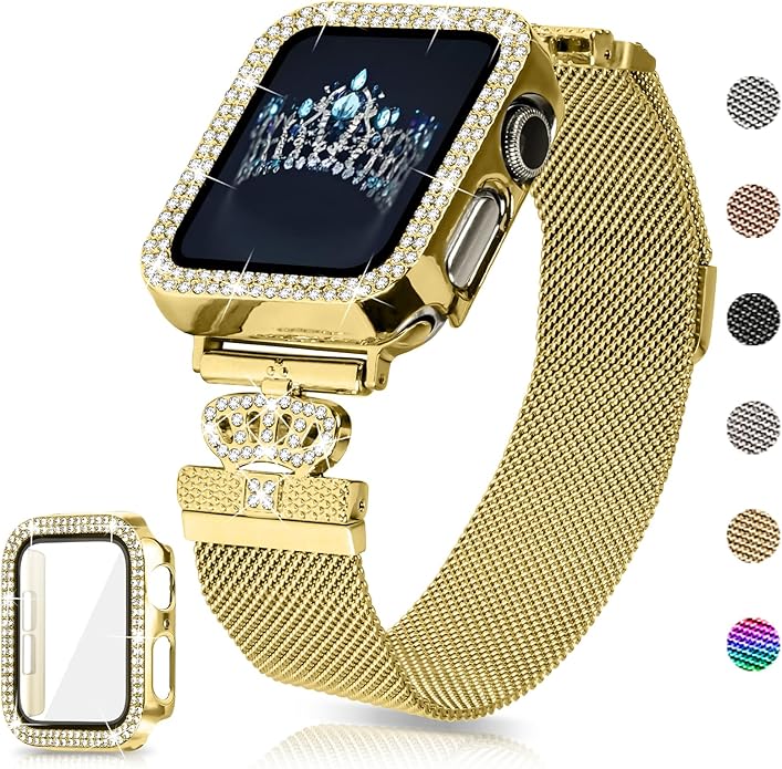 Magnetic Band Compatible with Apple Watch 38mm 40mm 41mm 42mm 44mm 45mm 46mm Stainless Steel Metal Strap with Bling Case and Built-in Screen Protector, Dressy Milanese Loop iWatch Bands for Women