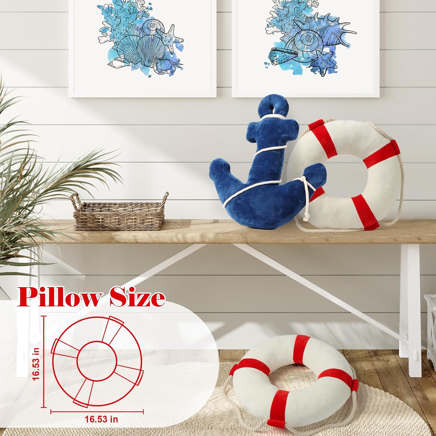 Marble Empire Life Ring Buoy Plush Pillow Nautical Decorative Throw Pillows Coastal Beach Themed Stuffed Pillow for Home Bed Couch
