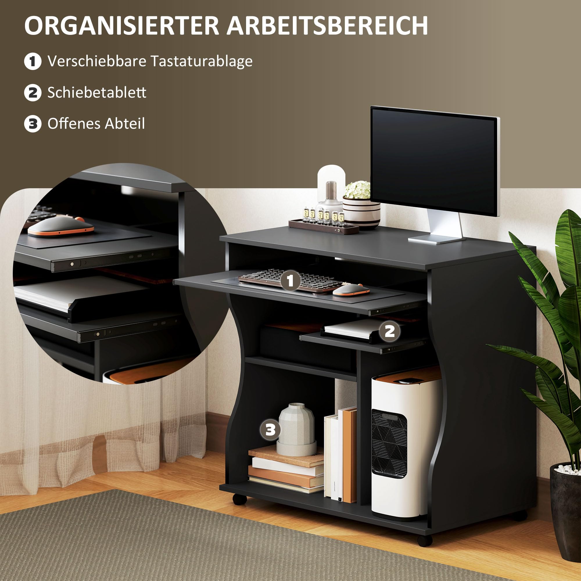 HOMCOM Computertisch Schreibtisch mit Rollen Bürotisch mit Tastaturablage, Ablage, PC Tisch Schwarz 80 x 48 x 75 cm