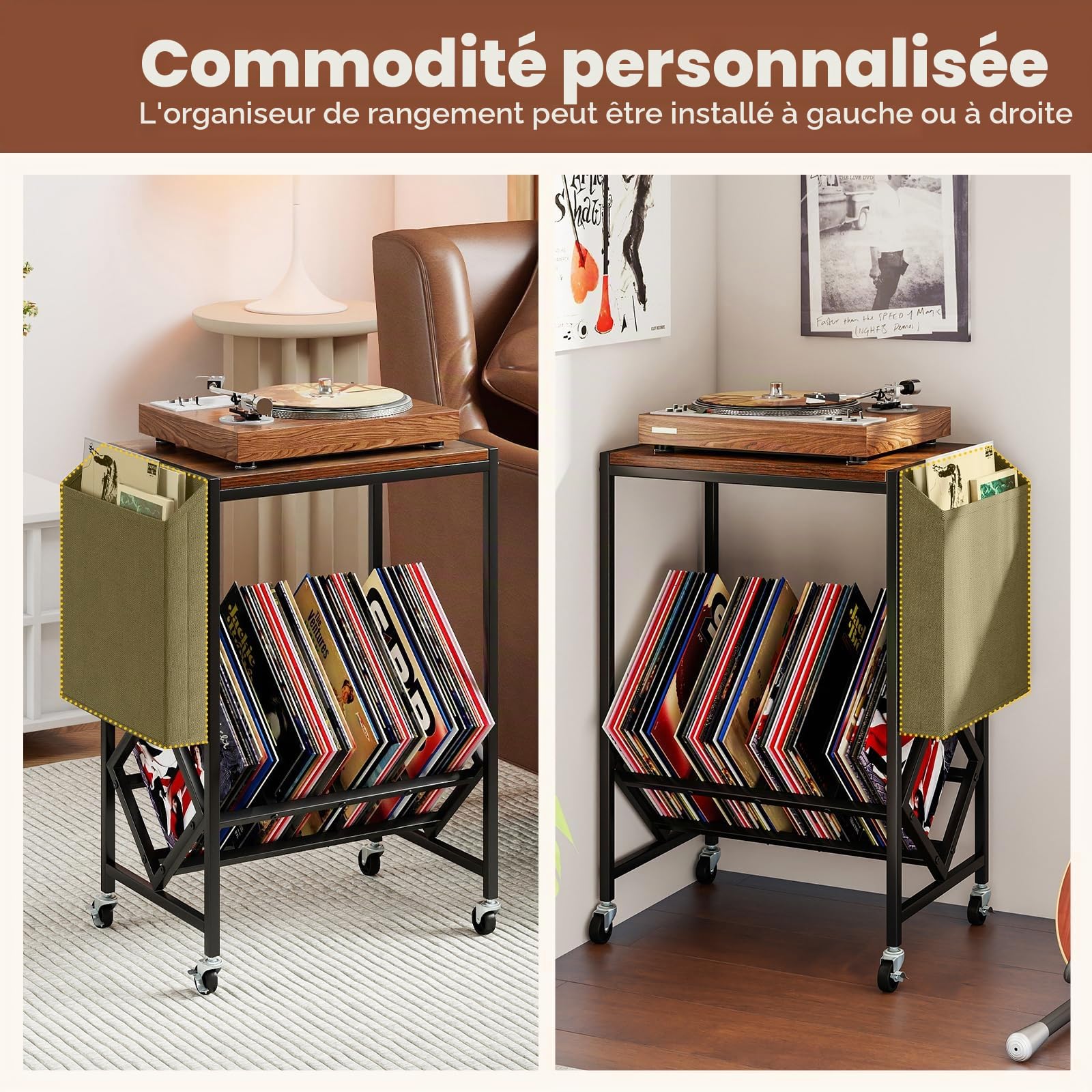 GIANTEX Meuble Vinyle à roulettes avec Poche Latérale, Meuble Vinyle Rangement pour 100 Albums CDs, Cadre en Métal, Support pour Tourne-Disques pour Salon, Salle de Musique (Marron)