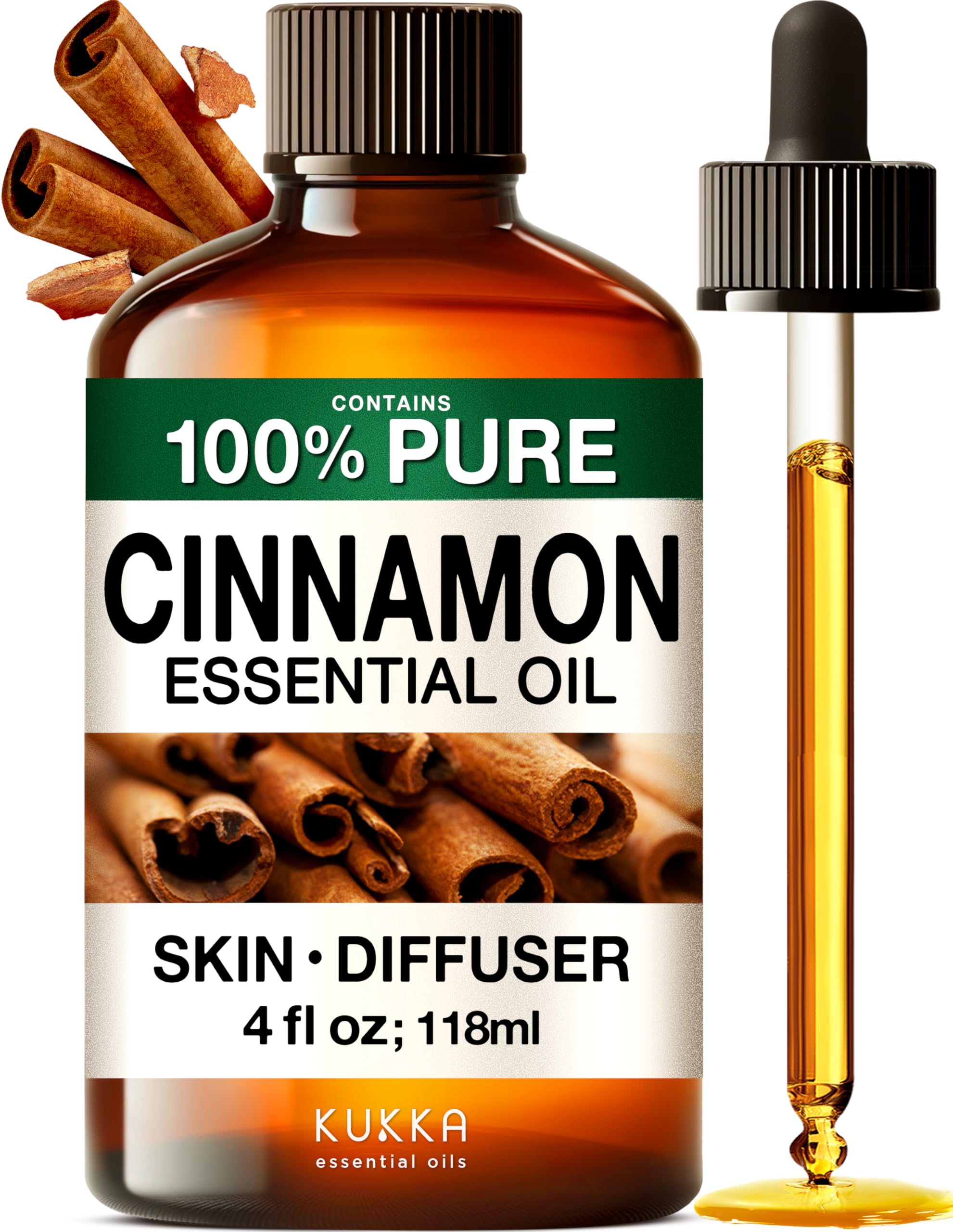 Kukka Cinnamon Essential Oil for Diffuser - 118ml - 100% Pure Natural Cinnamon Bark Oil for Skin, Aromatherapy and Candles & Soap Making Scent DIY