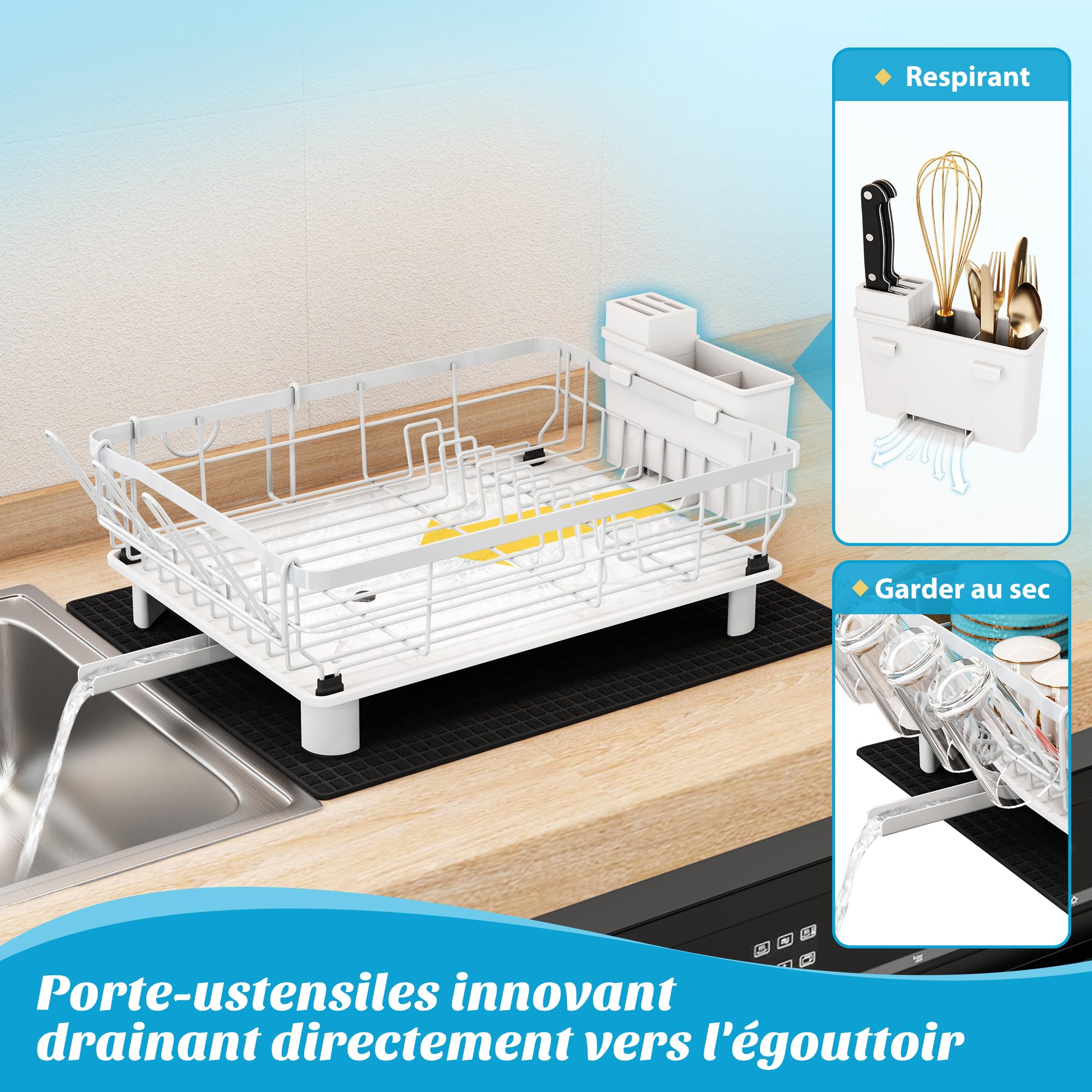 MAJALiS Égouttoir Vaisselle INOX Avec Porte-Gobelets Et Porte-Ustensiles - Séchoir Noir Grand Format Avec Drainage Automatique Et Tapis