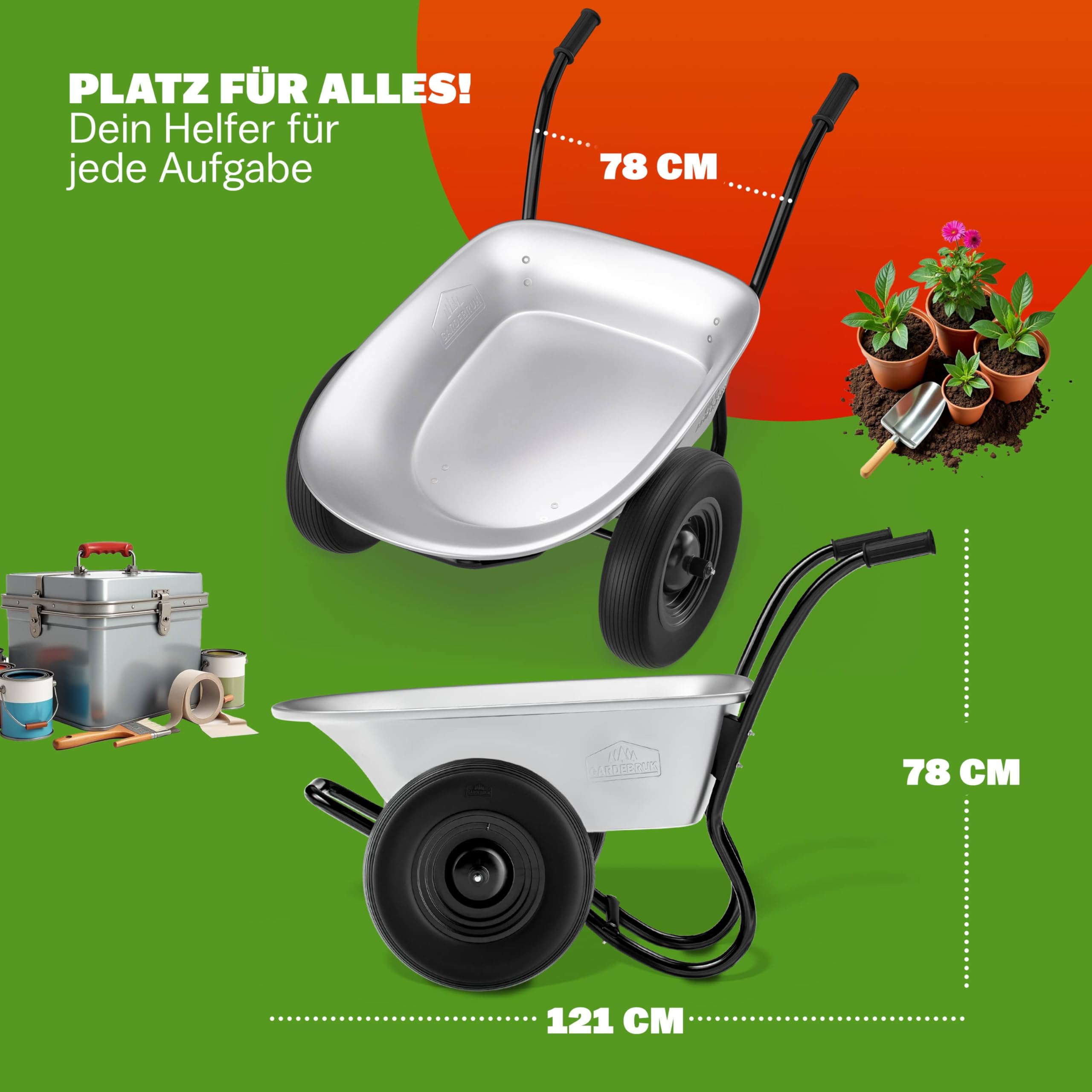 GARDEBRUK Schubkarre 2 Rad 150kg 100L Stahlfelge 2 Luftreifen Autoventil Gleitlager