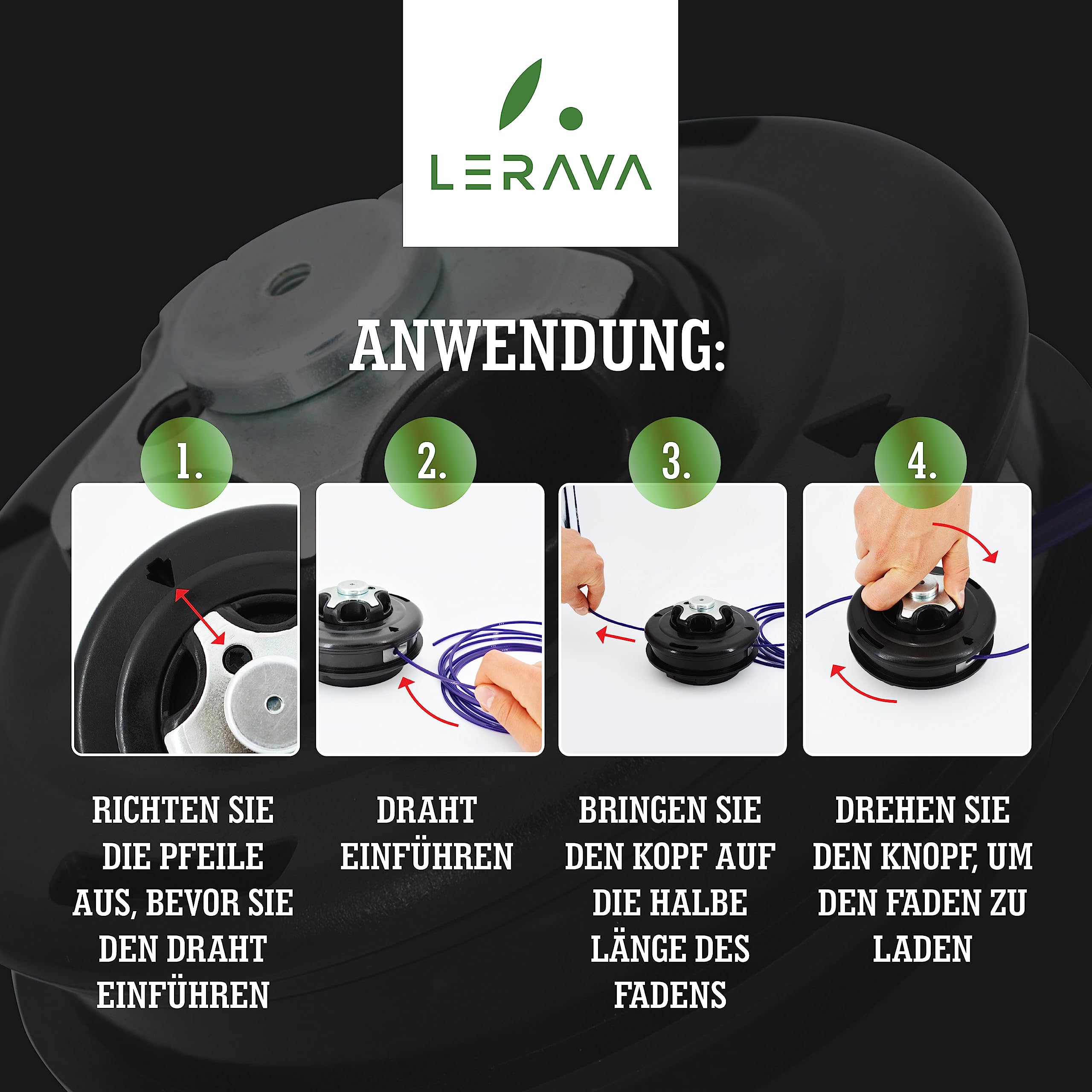 LERAVA® Fadenkopf für Motorsense - M10x1.25 LG - Einfaches Tap & Go System - Trimmerkopf mit robusten Stahlknauf - Motorsense Zubehör mit innovativer ergonomischer Spule – 100% Made in Italy
