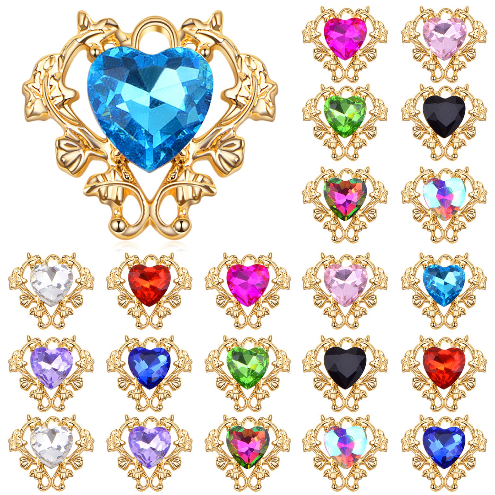 22pcs 11 Colors Heart Shaped Rhinestone Charms Alloy Love Heart Crystal Bead Dangle Pendants Craft Supplies for DIY Bracelet Necklace Earrings Jewelry