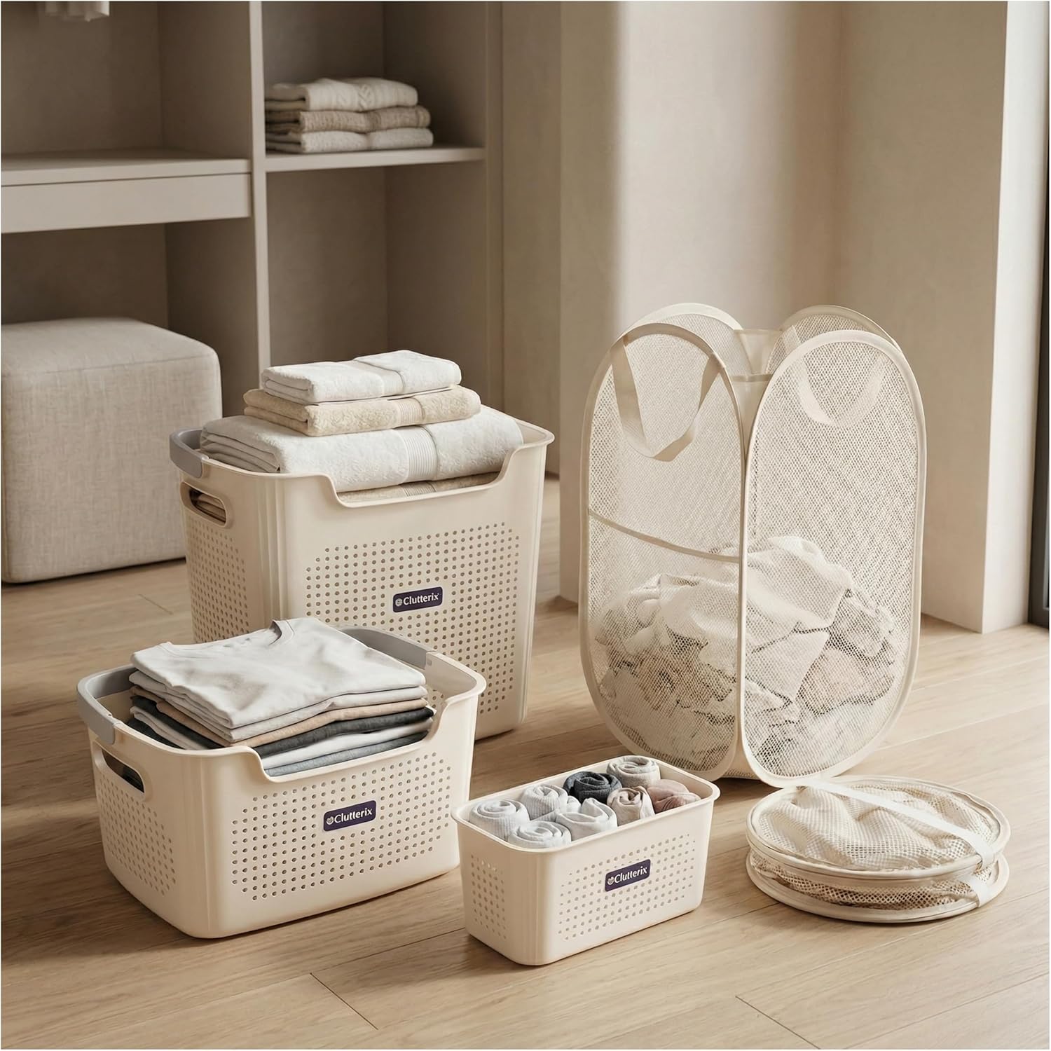 Laundry Basket Set with Handles, 3 Ventilated Plastic Baskets (30L, 17L & 4L Clip-On) and 55L Collapsible Mesh Hamper, Nestable Storage Design (Gray)