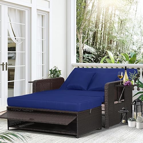 LDAILY Moccha - Juego de sofá biplaza de mimbre para exteriores, con respaldo ajustable de 4 posiciones, otomana de almacenamiento, cojines, tumbona