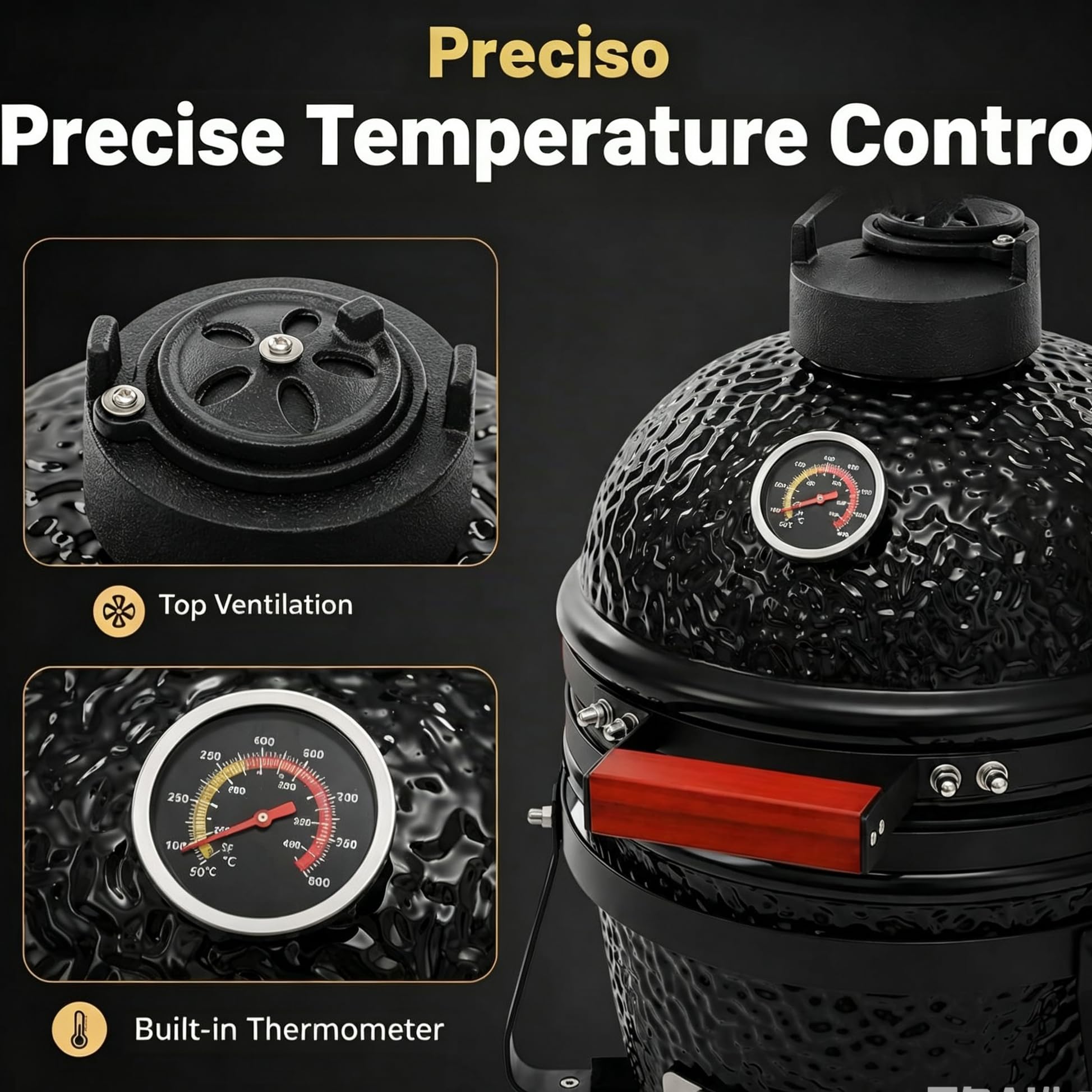 Barbacoa de carbón vegetal de 13 pulgadas Kamado Grill de cerámica para terraza, jardín, camping y picnic, color negro, para asar, ahumar y cocinar