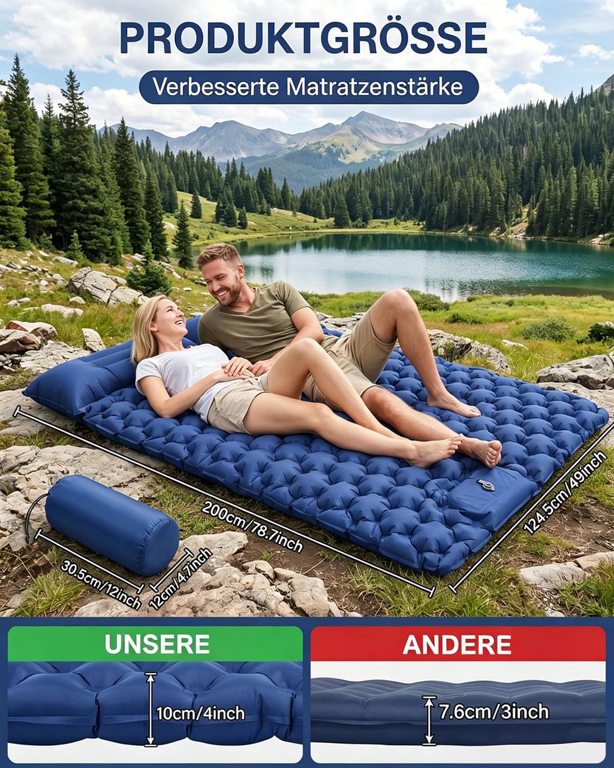 Isomatte Camping für 2 Personen, Verdicktes Aufblasbare Luftmatratze mit Fußpumpe & Kissen, 40D-Nylon Wasserdicht Camping Matratze Aufblasbar, für Reise, Outdoor, Kleines Packmaß, 200 x 125cm(Blau)