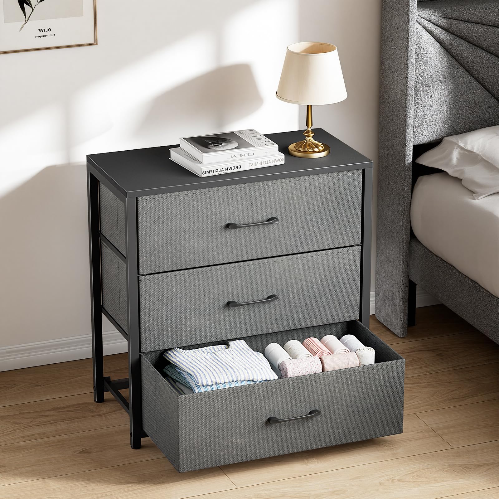 Memobarco Nightstand with 3 Drawers for Bedroom, Storage Dresser with Fabric Drawers and Metal Frame for Closet, Living Room, Bedside Table with Wood