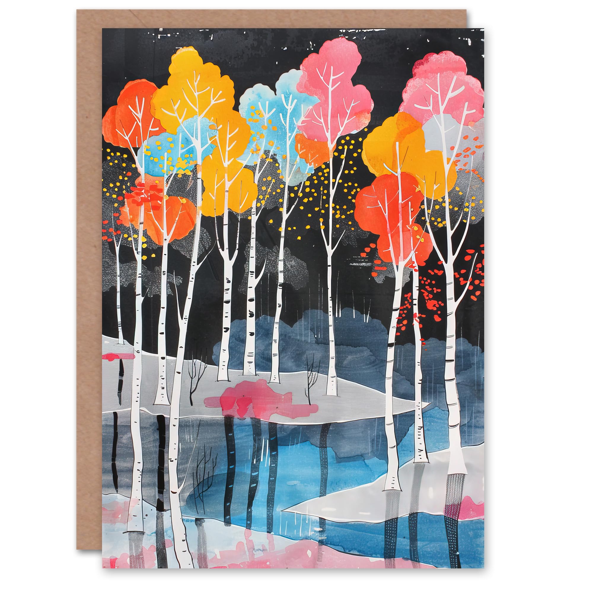 Artery8 Greeting Card Colourful Birch Trees River Landscape Painting Blank For Him Or Her Art Birthday Card